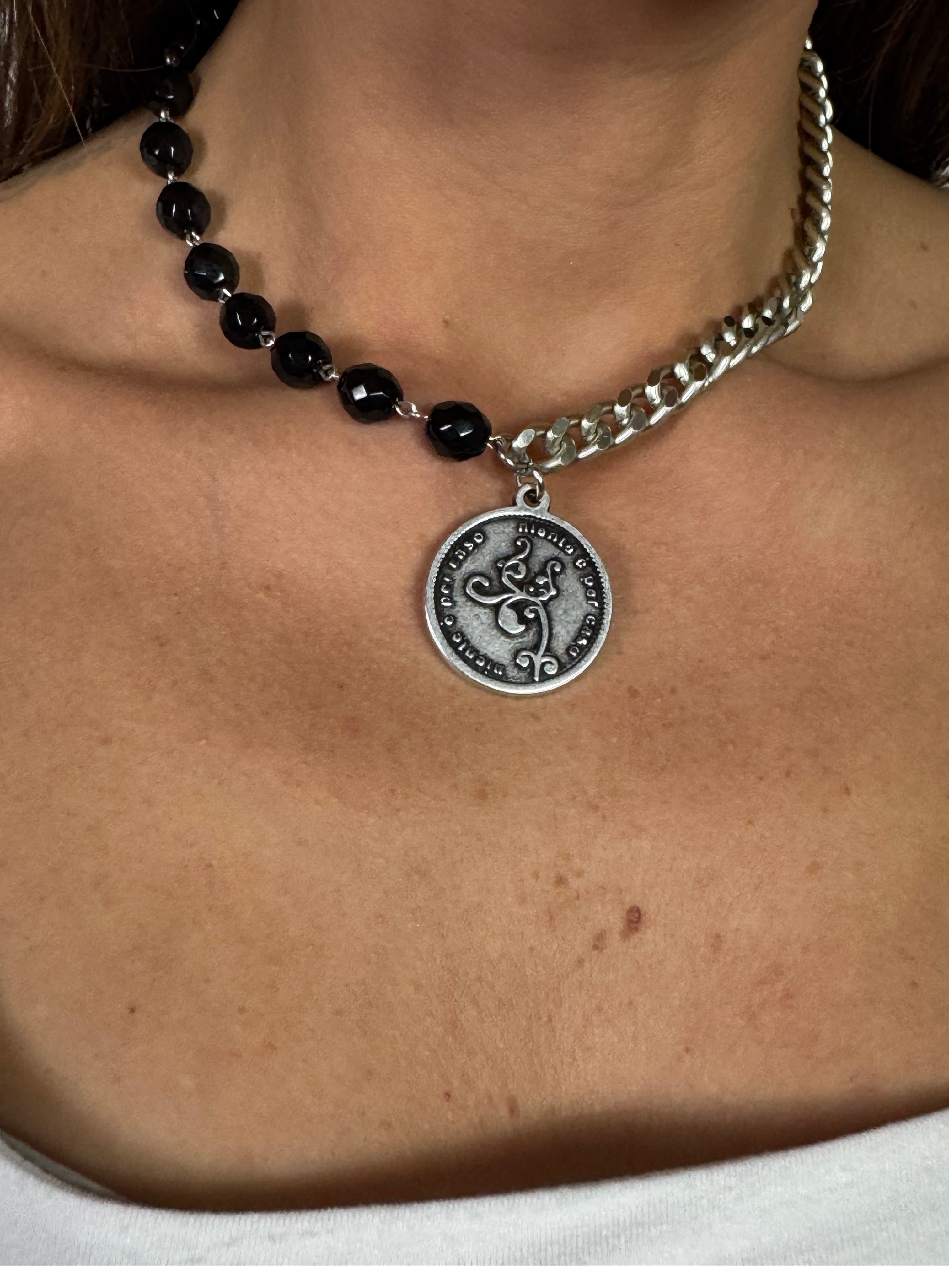 Collana / Bracciale FRANCESCA CORTA Momi - ARGENTO - MEDAGLIA - NERO