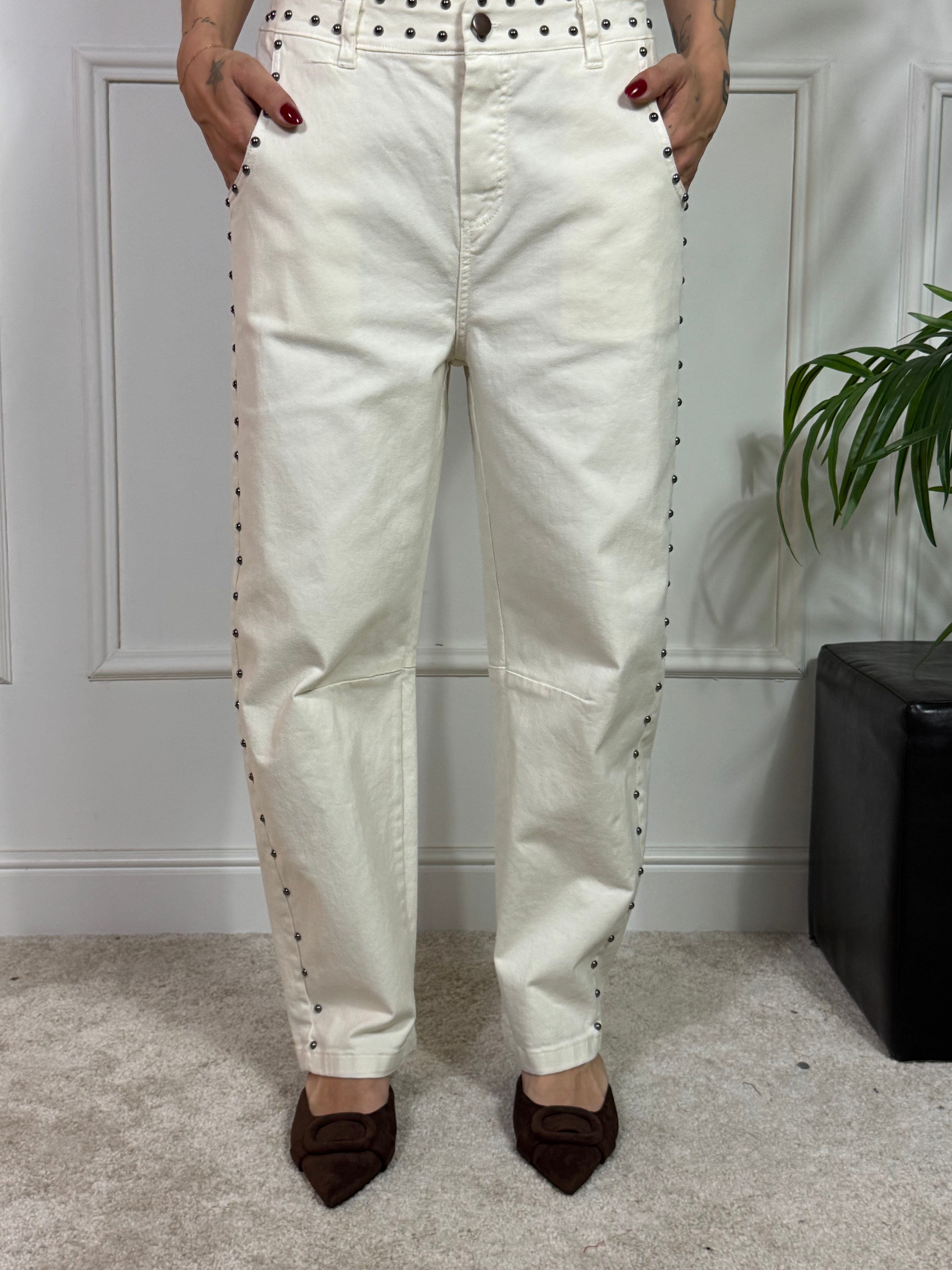 Jeans pantalone Kontatto AVORIO CON BORCHIE TONDE