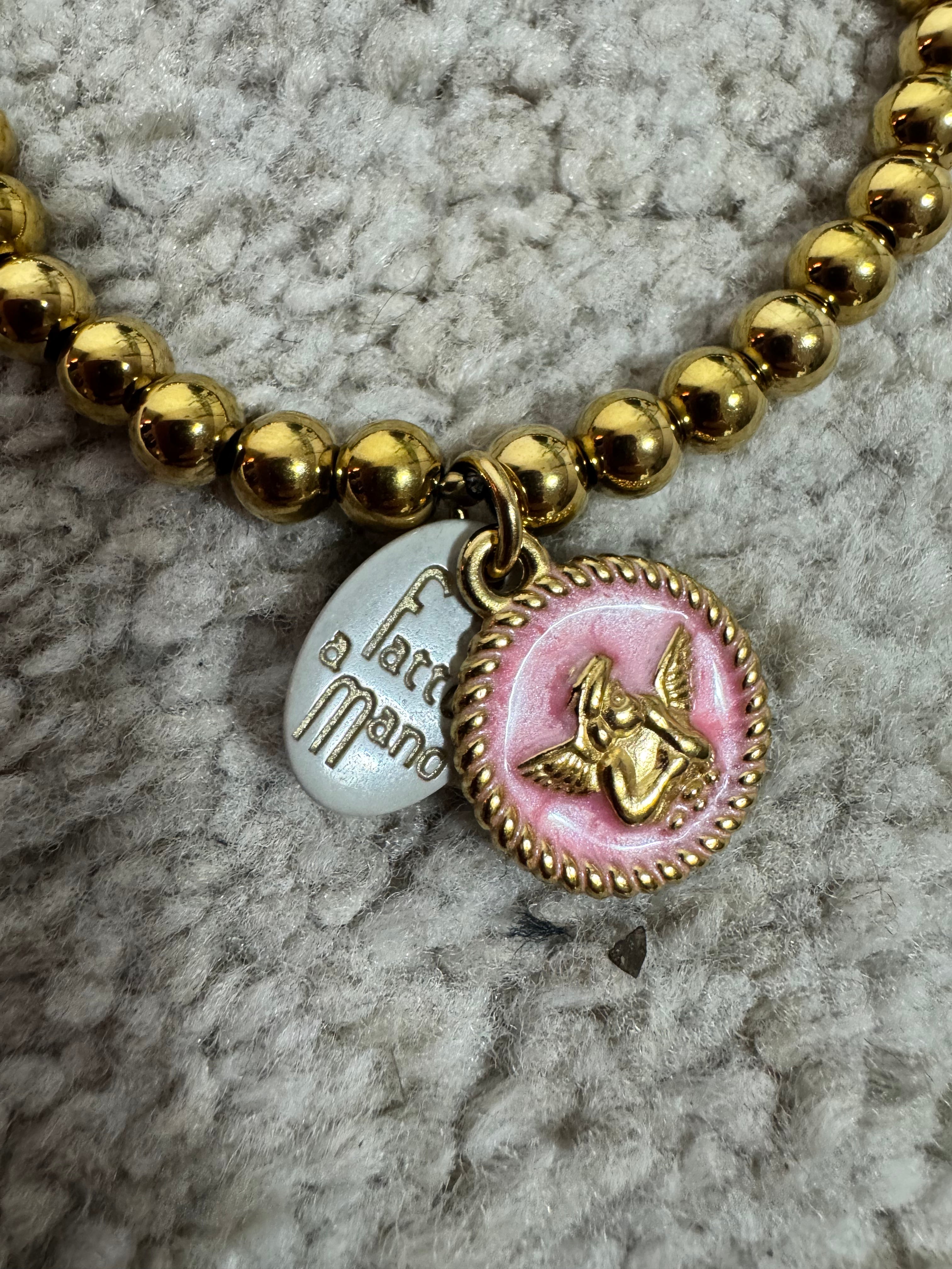 Bracciale perle oro LUCIDO - ciondolo ROSA ANGIOLETTO