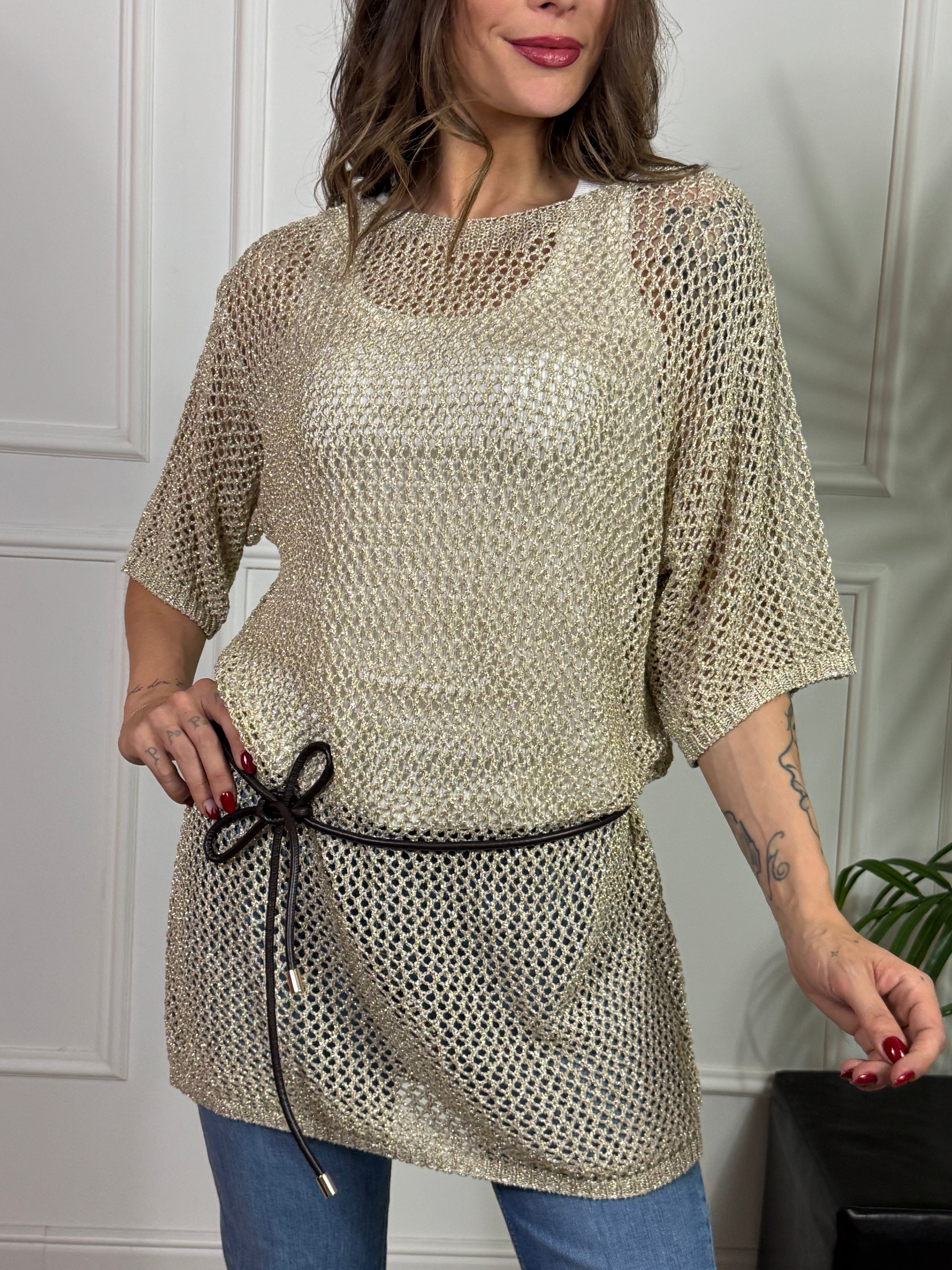 Abito / Maxi maglia in LUREX Kontatto TRAFORATO CON CINTURA