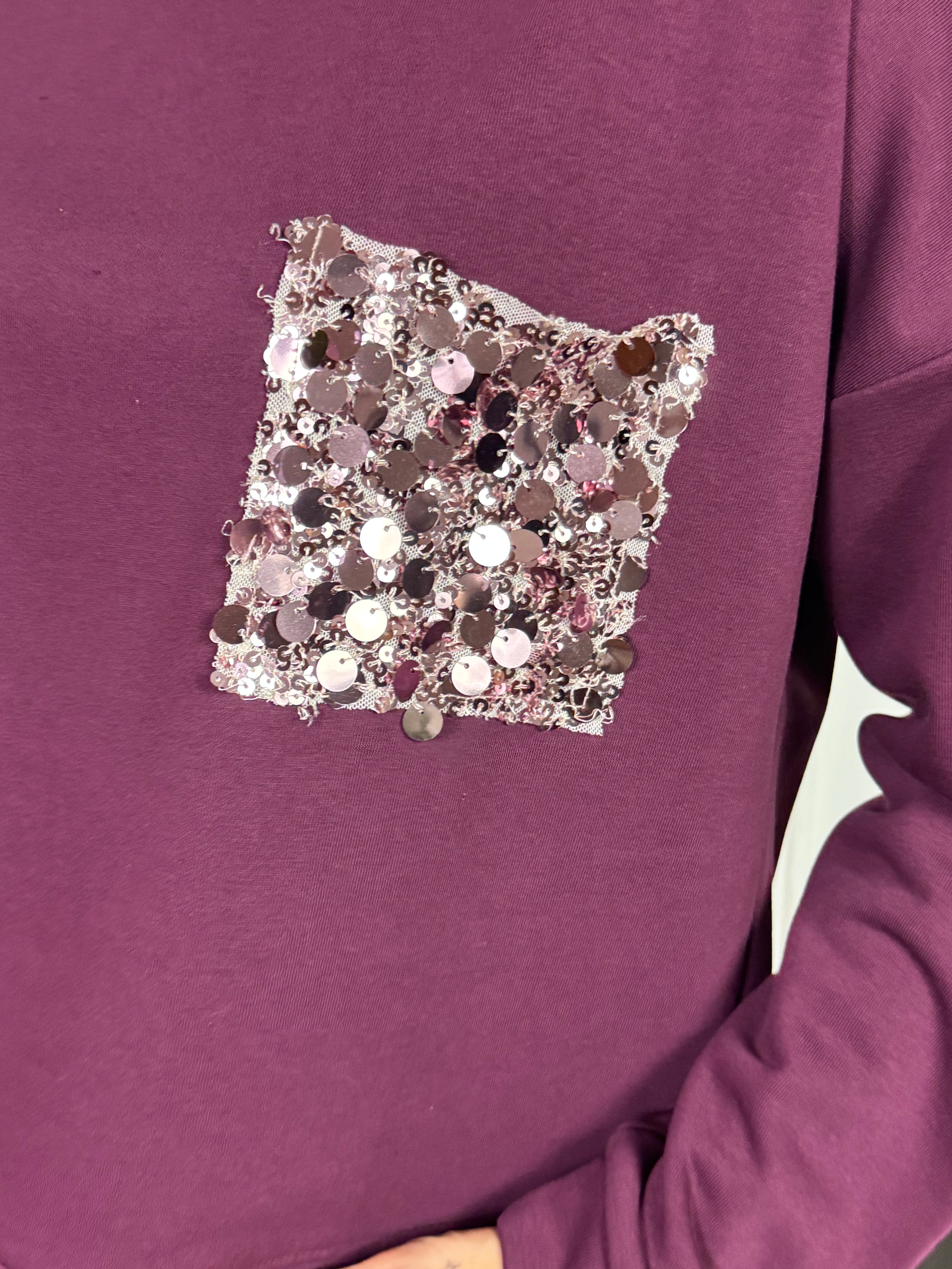 Felpa garzata girocollo Susy Mix tasca paillettes