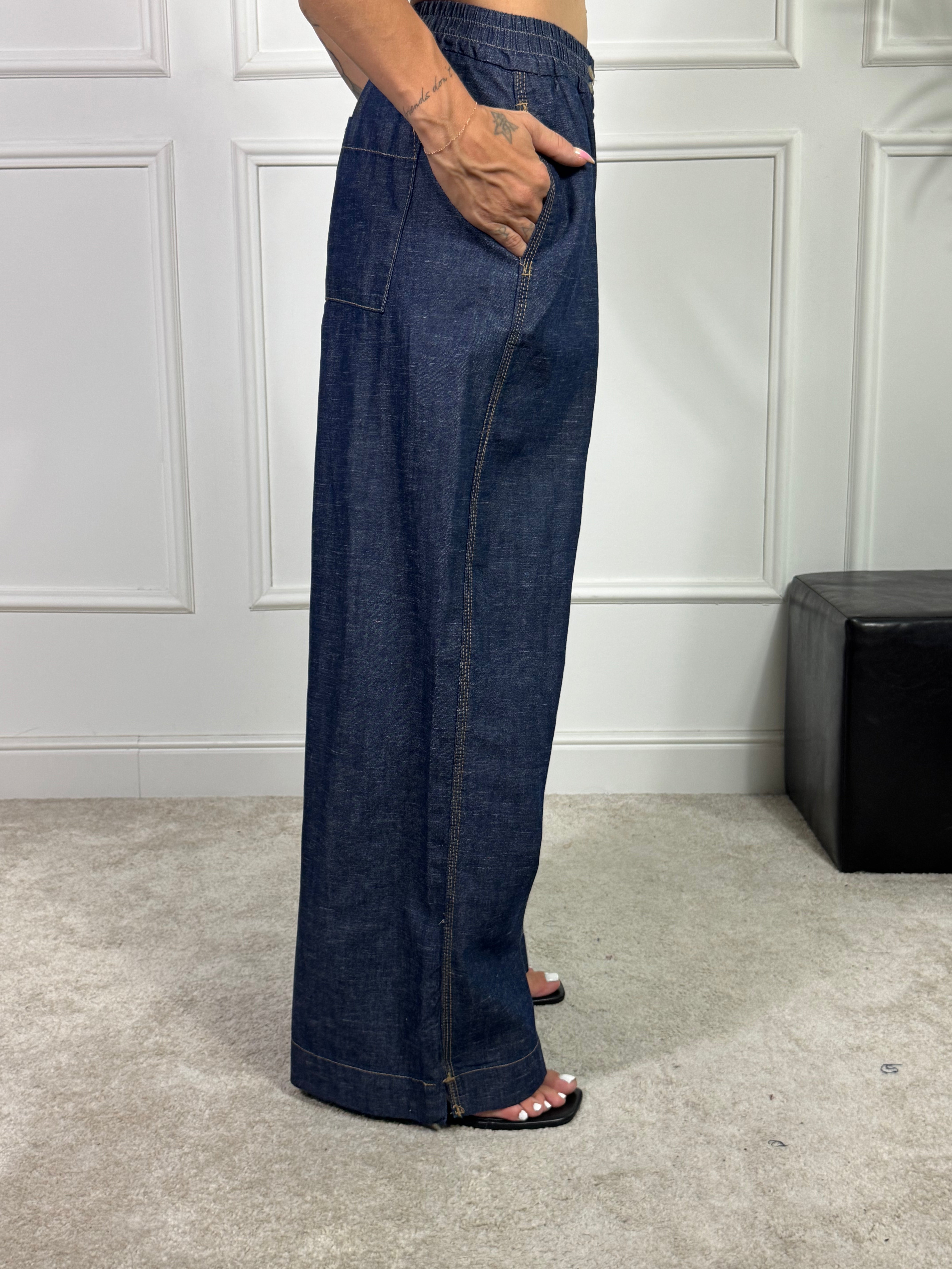 Pantalone palazzo Victoria ILMH in cotone jeans scuro