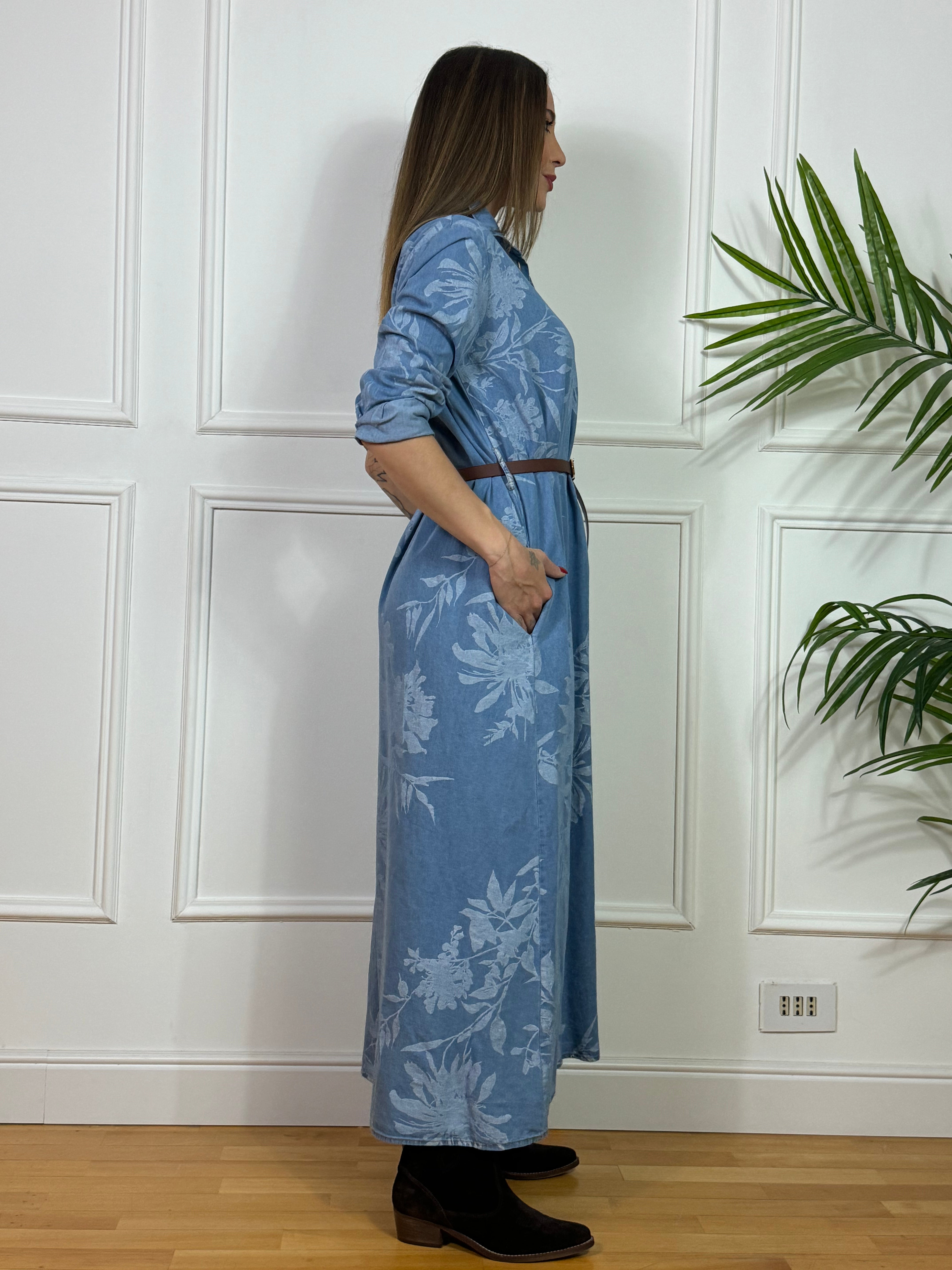 Abito lungo Kikisix chambray con cintura FANTASIA FOGLIE FIORI
