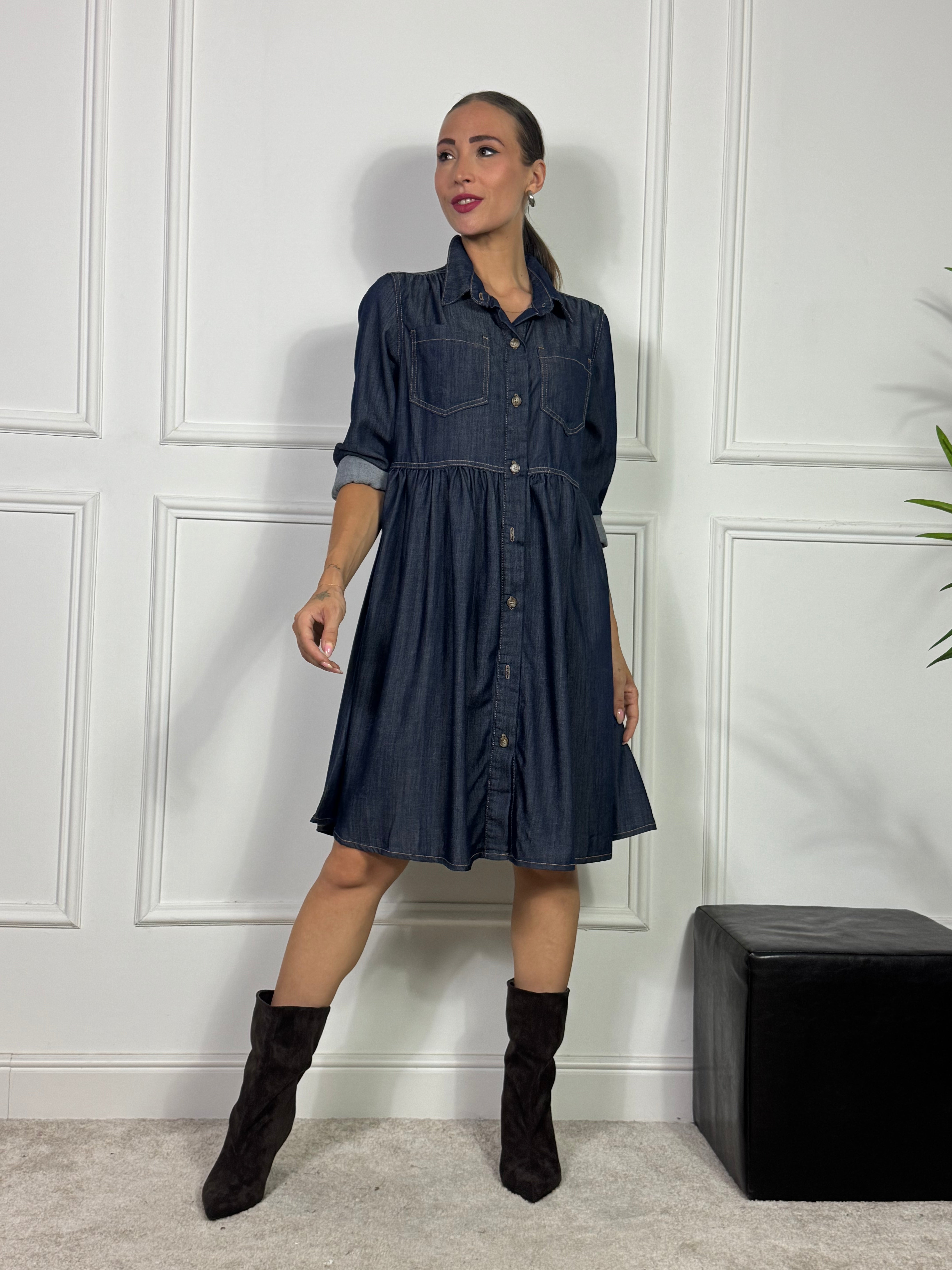 ABITO chemisier con TASCHINI in jeans chambray Victoria ILMH denim scuro