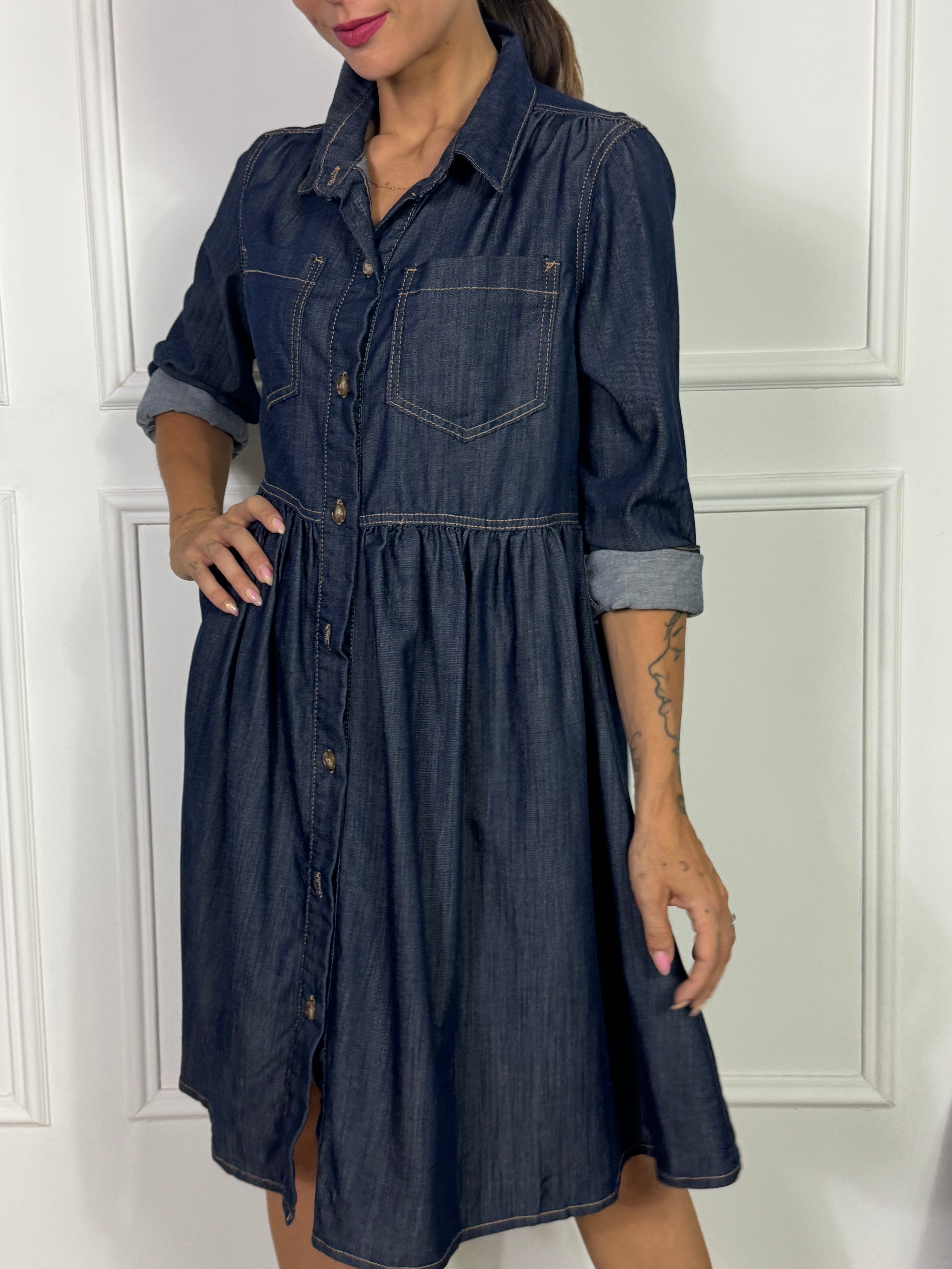 ABITO chemisier con TASCHINI in jeans chambray Victoria ILMH denim scuro