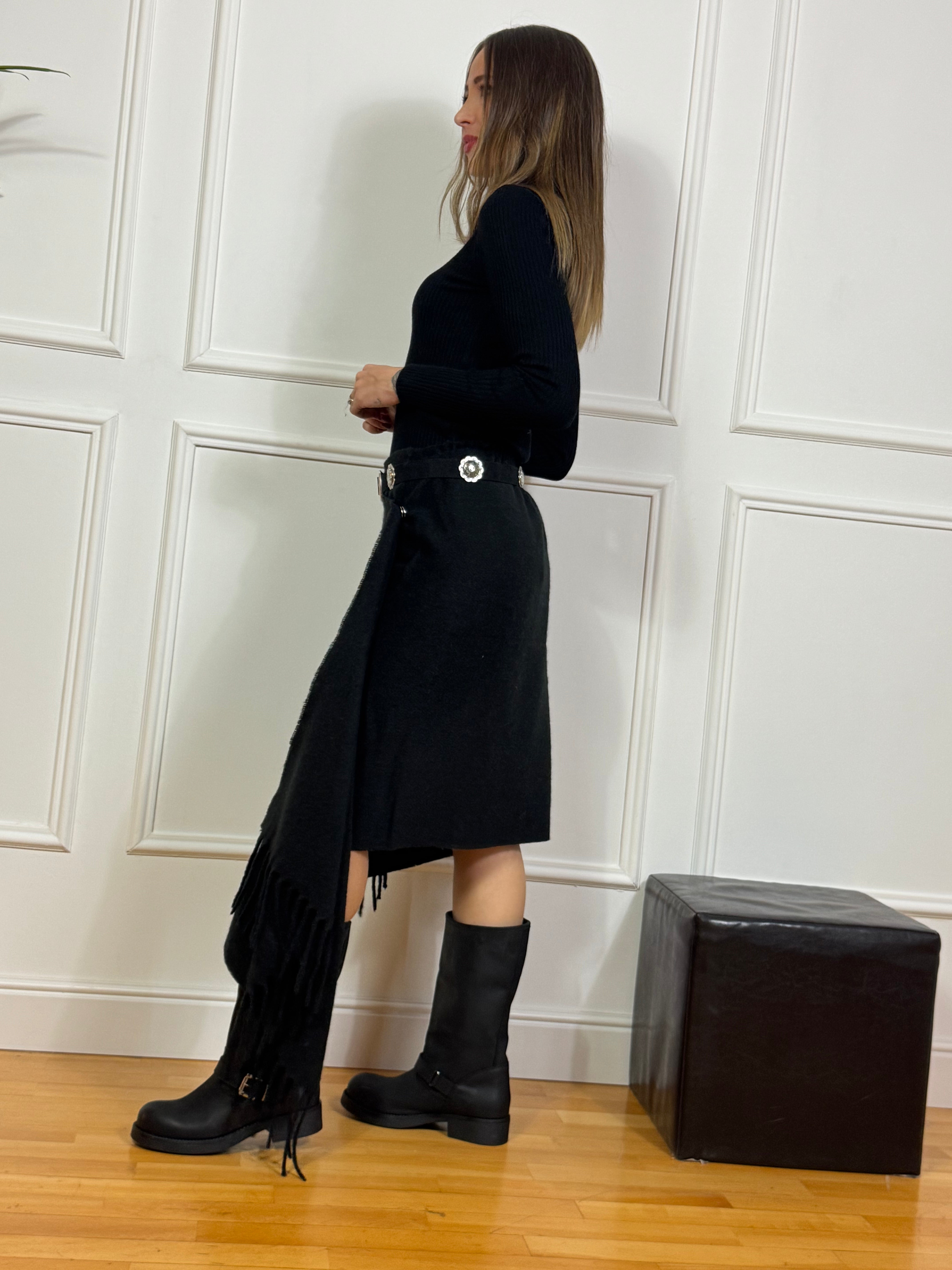 Gonna in pannetto con cintura e frange Tensione In