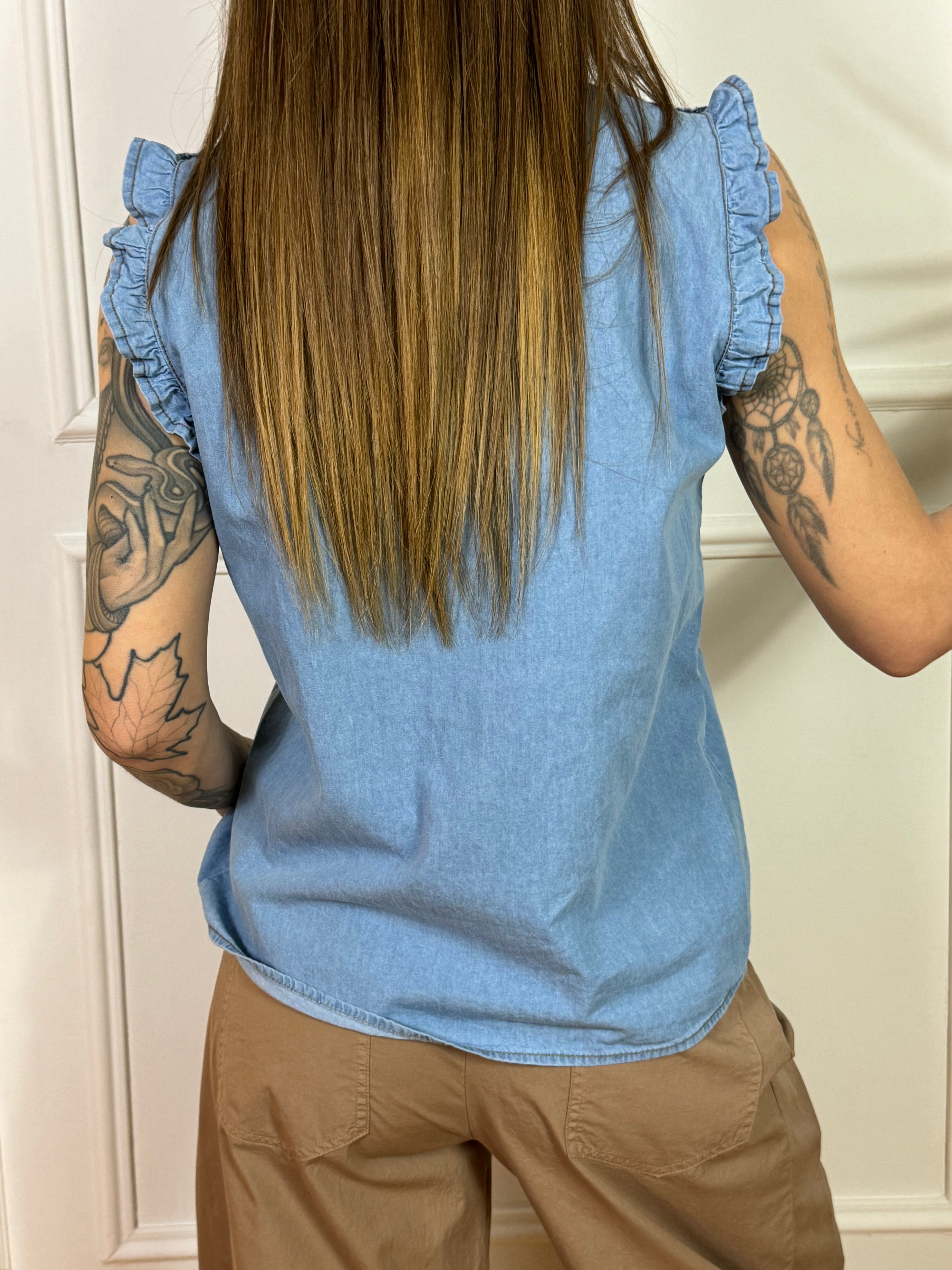 Camicia SMANICATA Kikisix chambray con rouches davanti