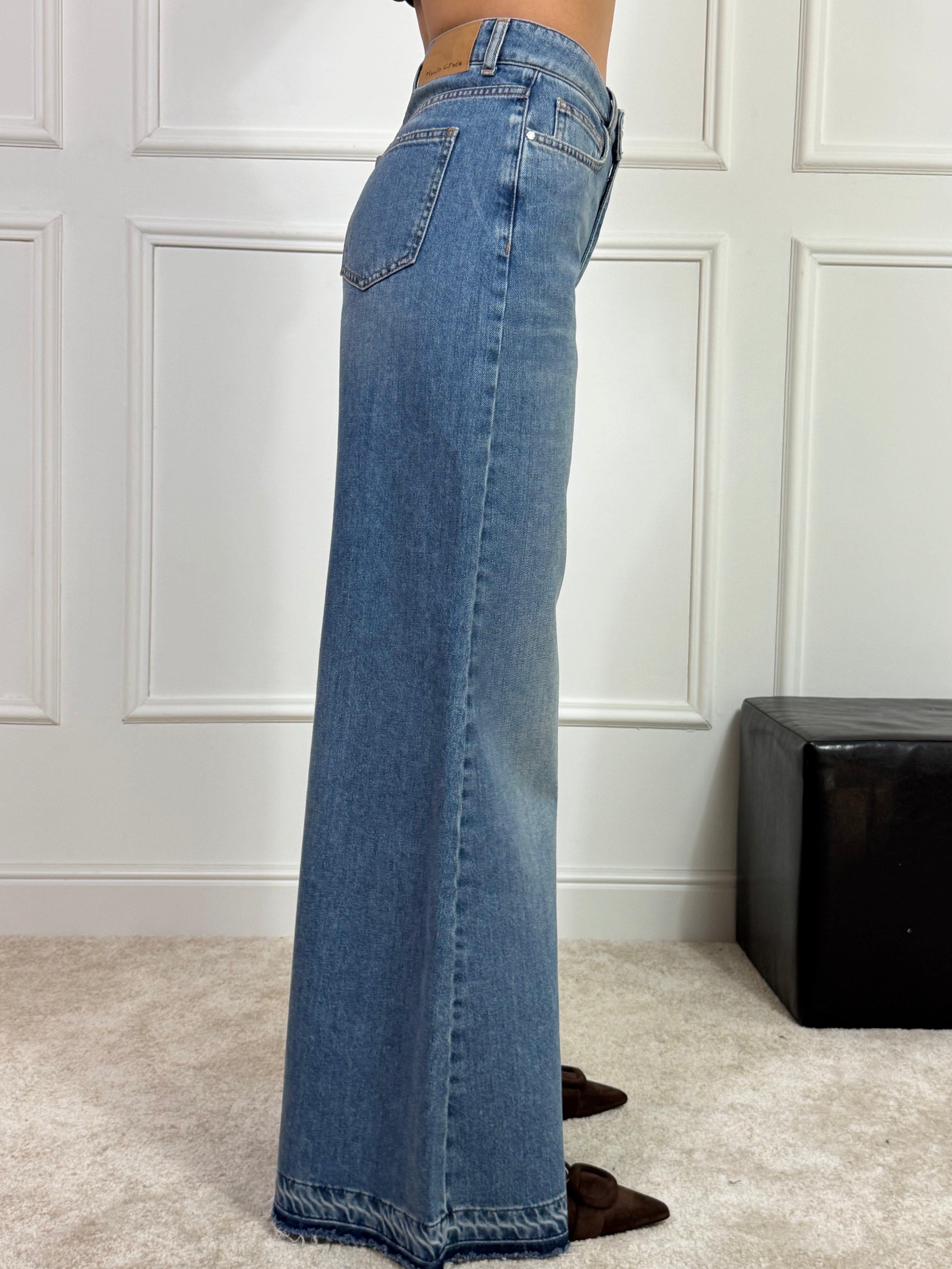 Jeans MANILA GRACE a PALAZZO con BORDINO TAGLIO VIVO SCURO- lavaggio SAND WASH
