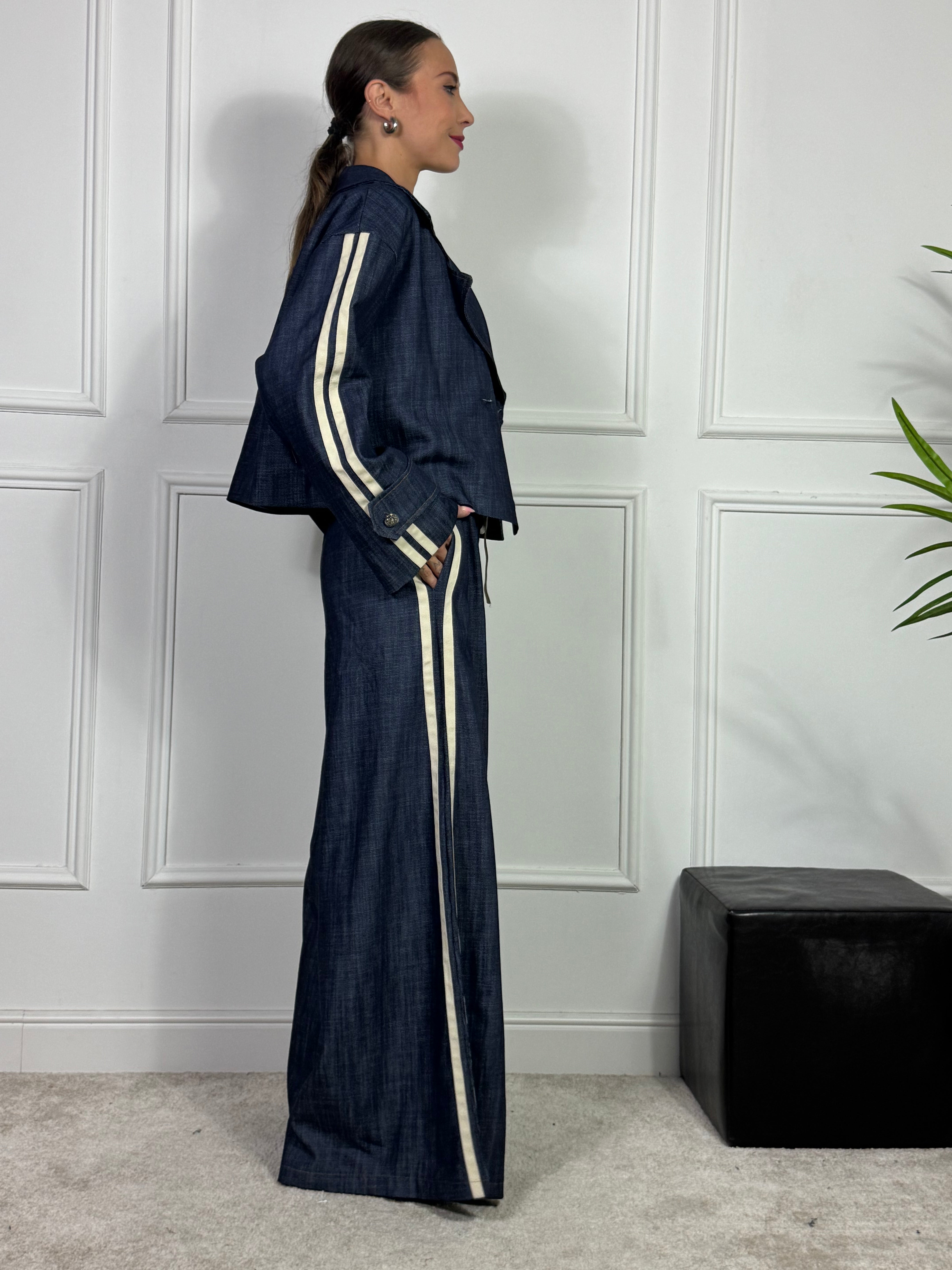PANTALONE PALAZZO con coulisse DENIM SCURO Victoria ILMH BANDE LATERALI