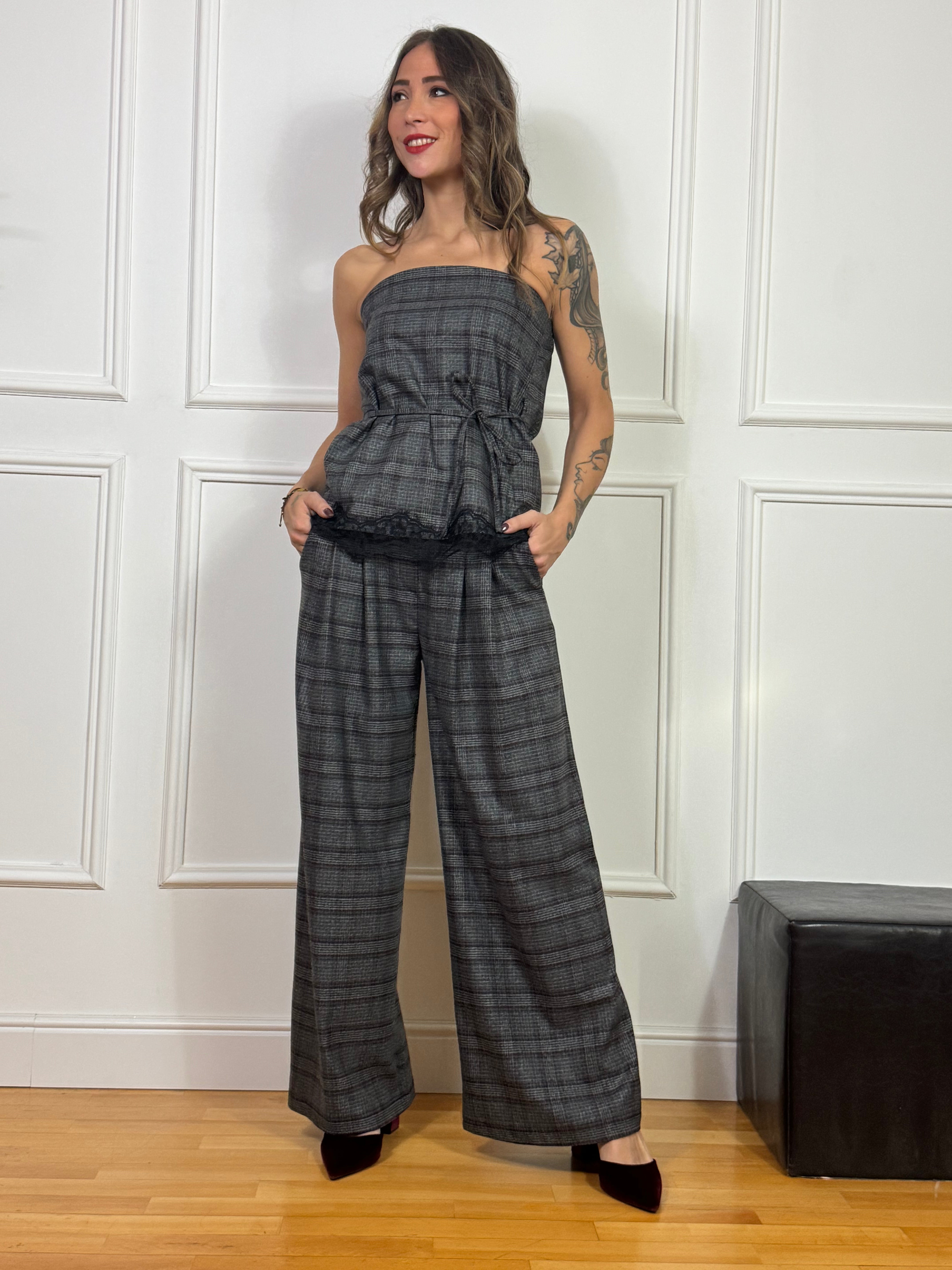 Top a fascia Susy Mix fantasia principe di Galles GRIGIO-BORDEAUX CON PIZZO