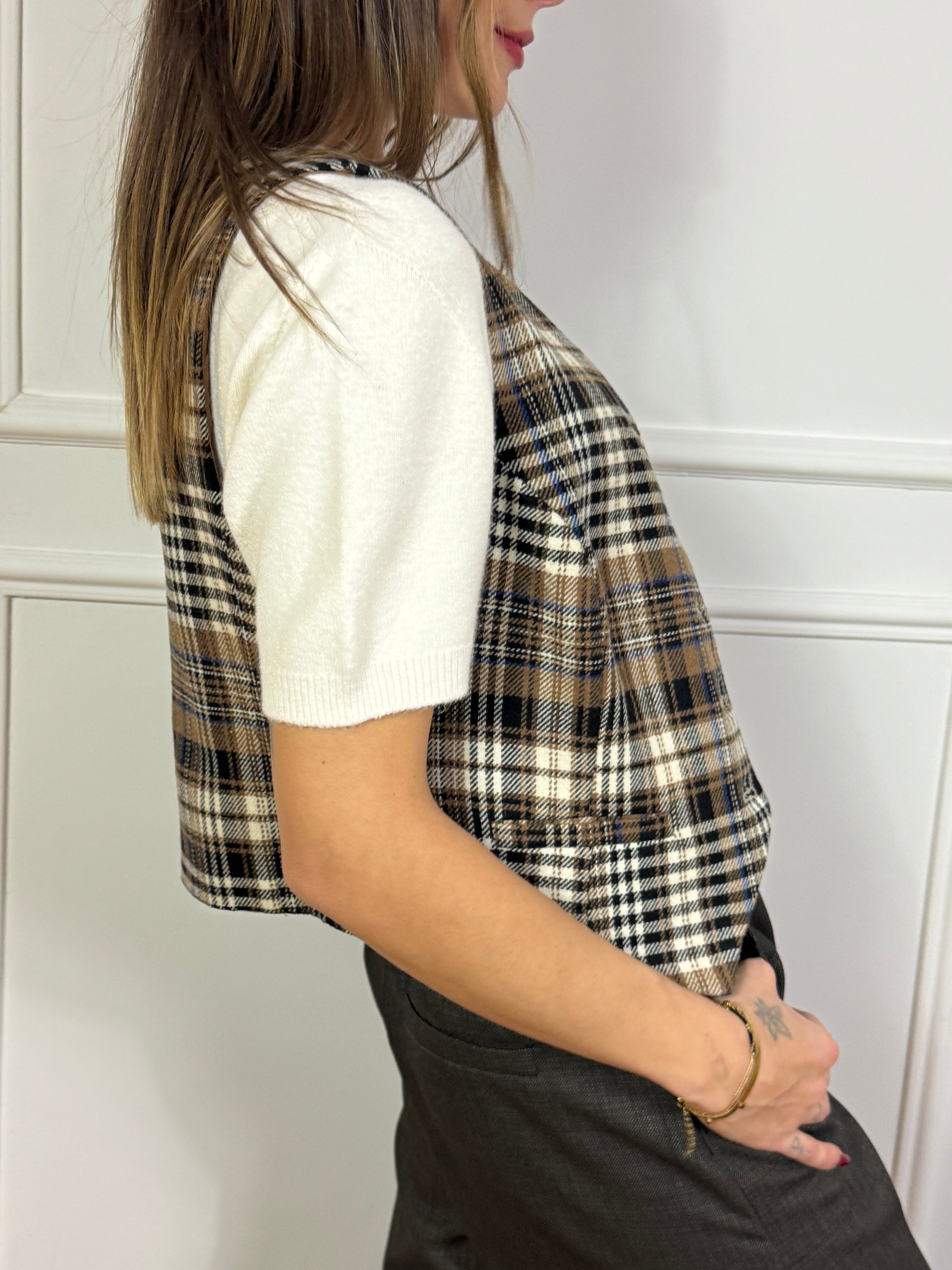 Gilet Tensione In fantasia scozzese beige-blu