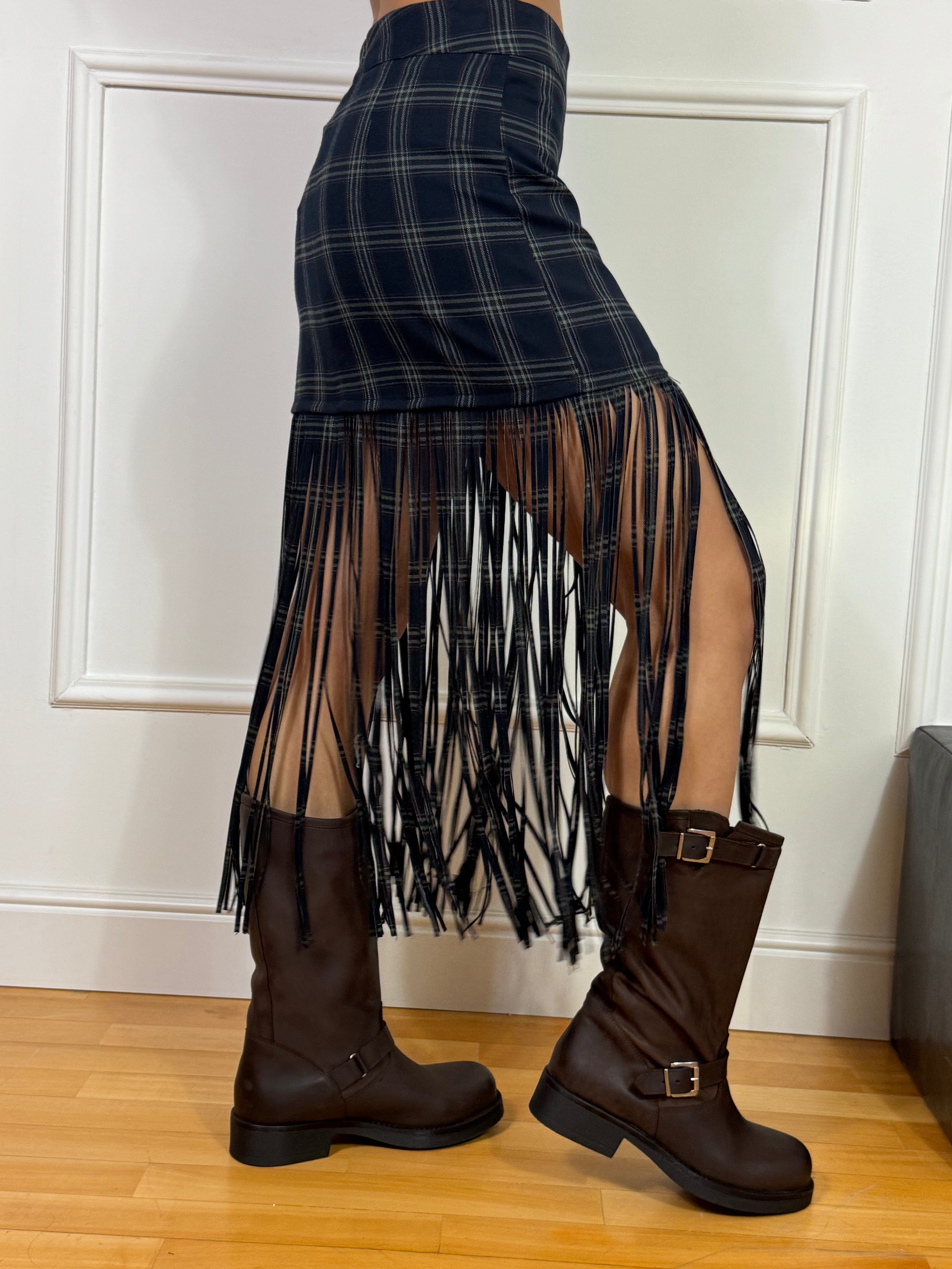 Gonna corta Susy Mix fantasia TARTAN con FRANGE