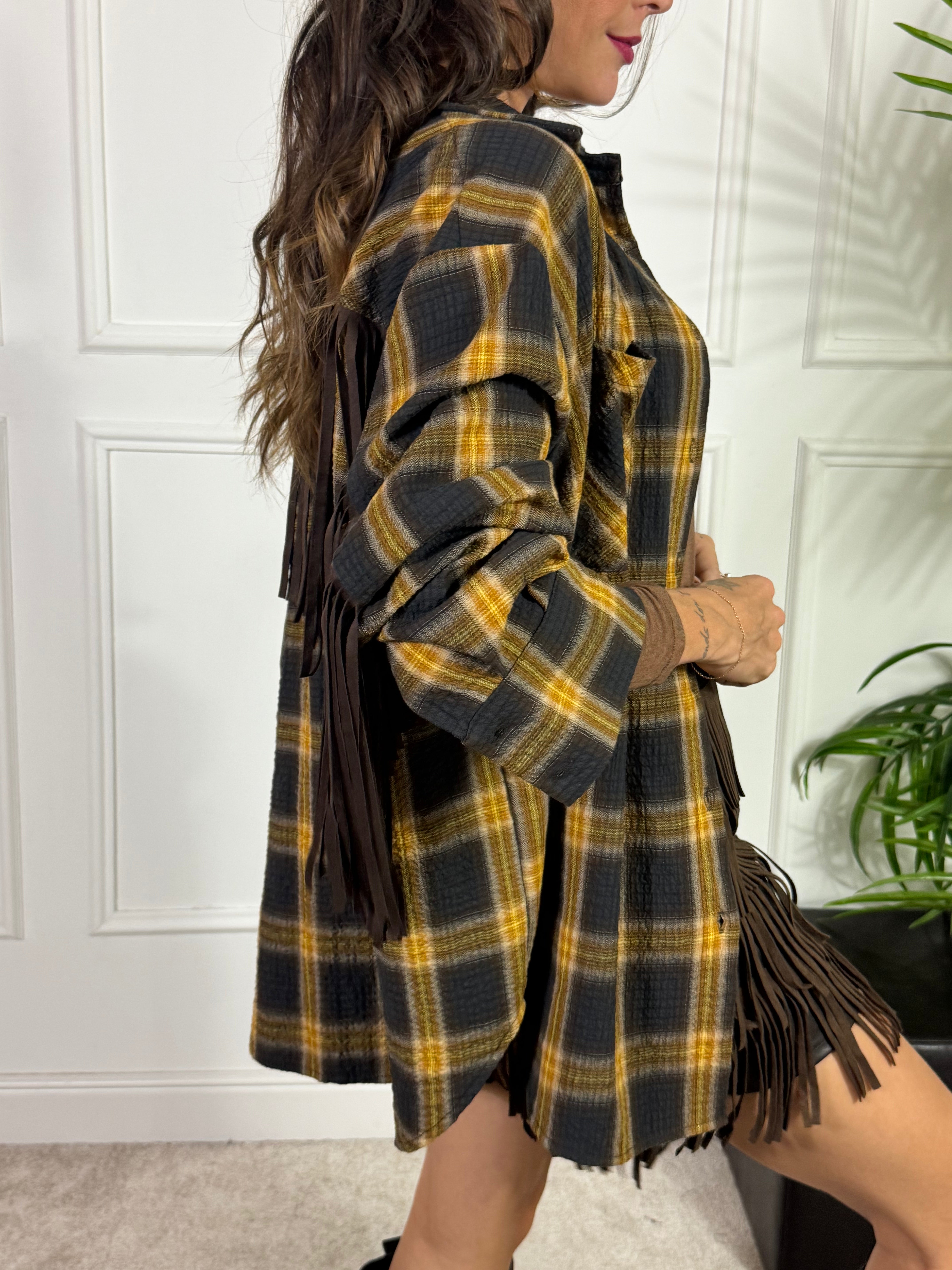 Maxi camicia SCOZZESE SENAPE-MORO Victoria ILMH con frange schiena