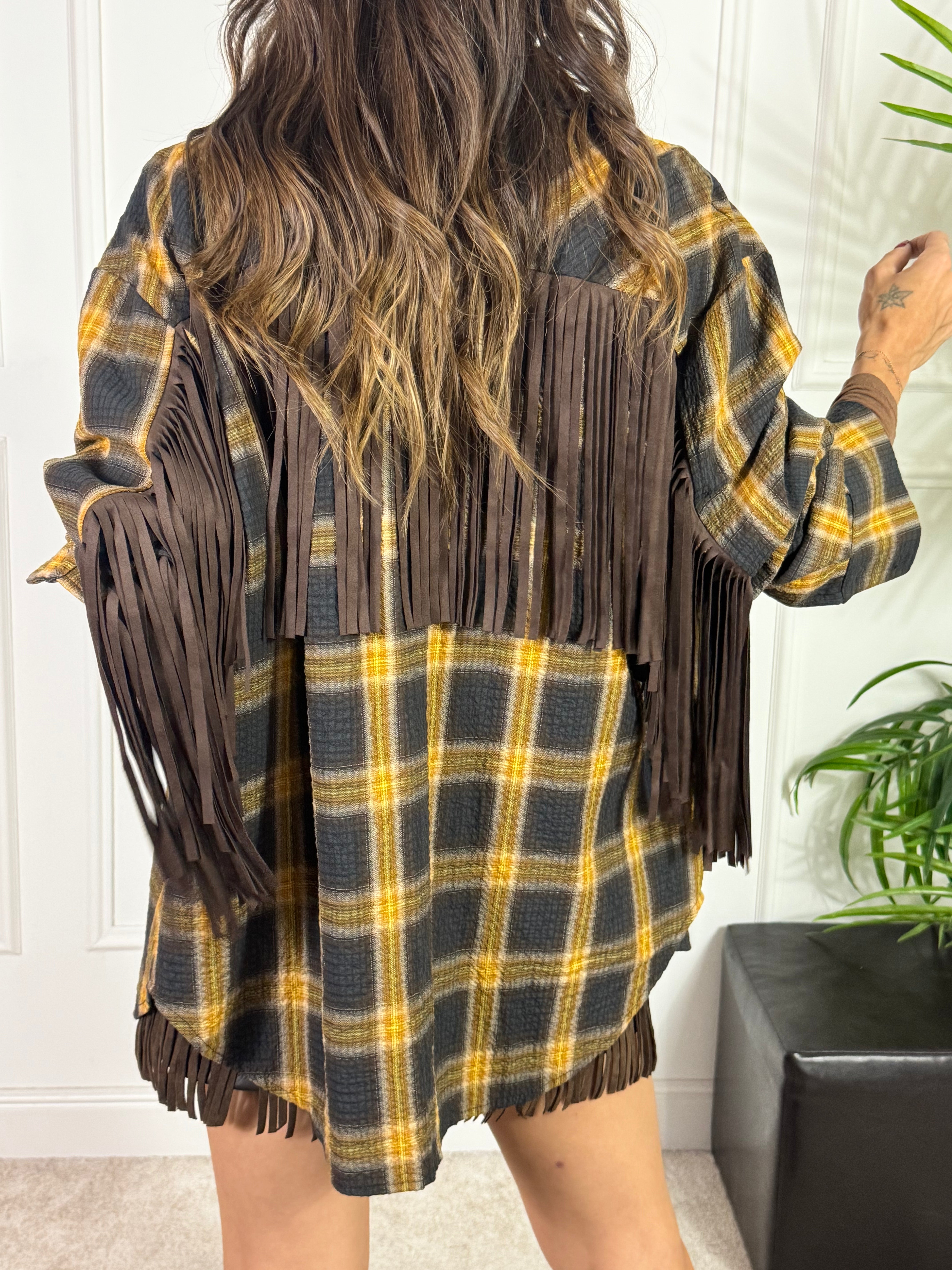 Maxi camicia SCOZZESE SENAPE-MORO Victoria ILMH con frange schiena