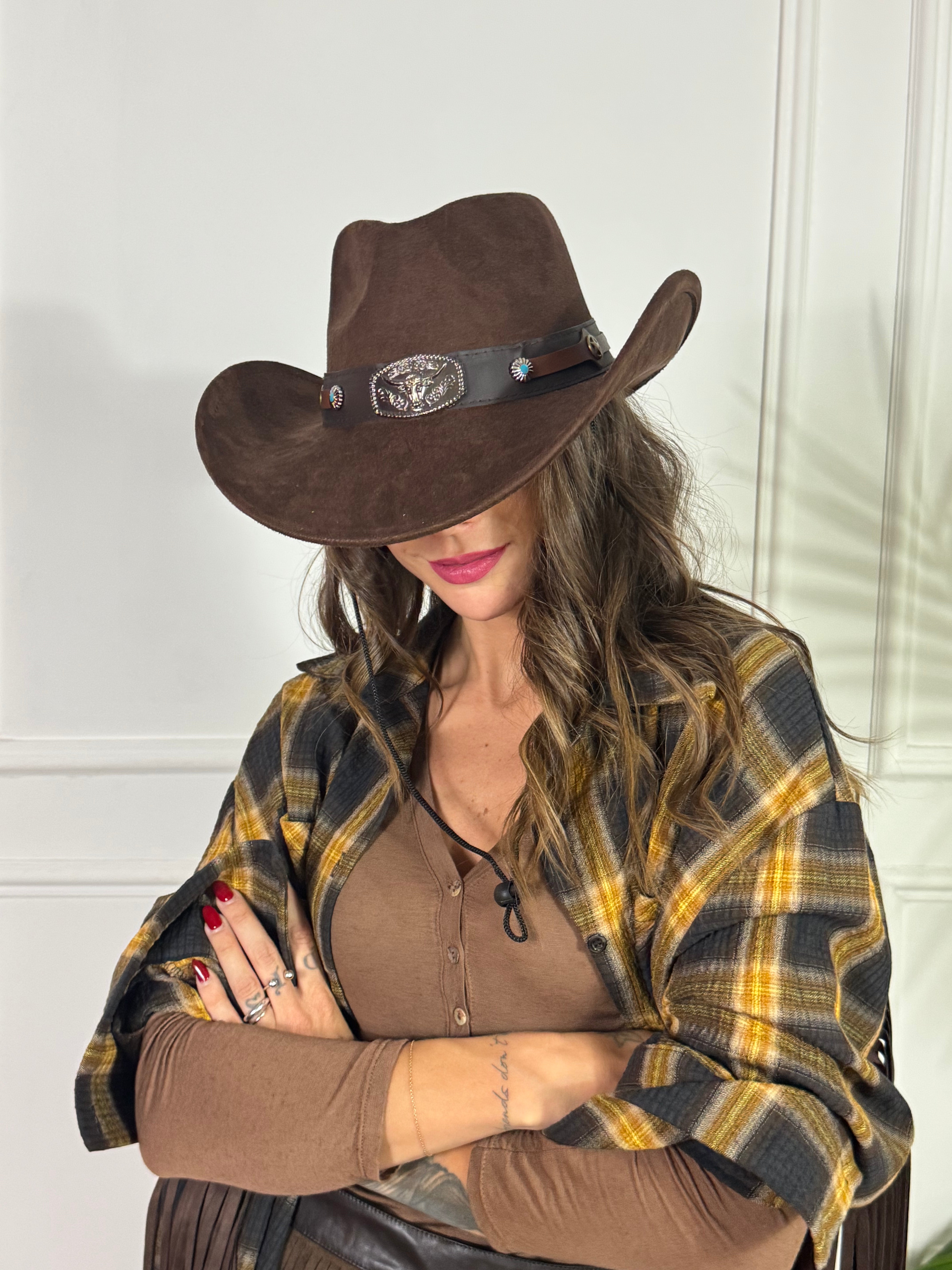Cappello texano scamosciato MORO fibbia applicazioni buffalo