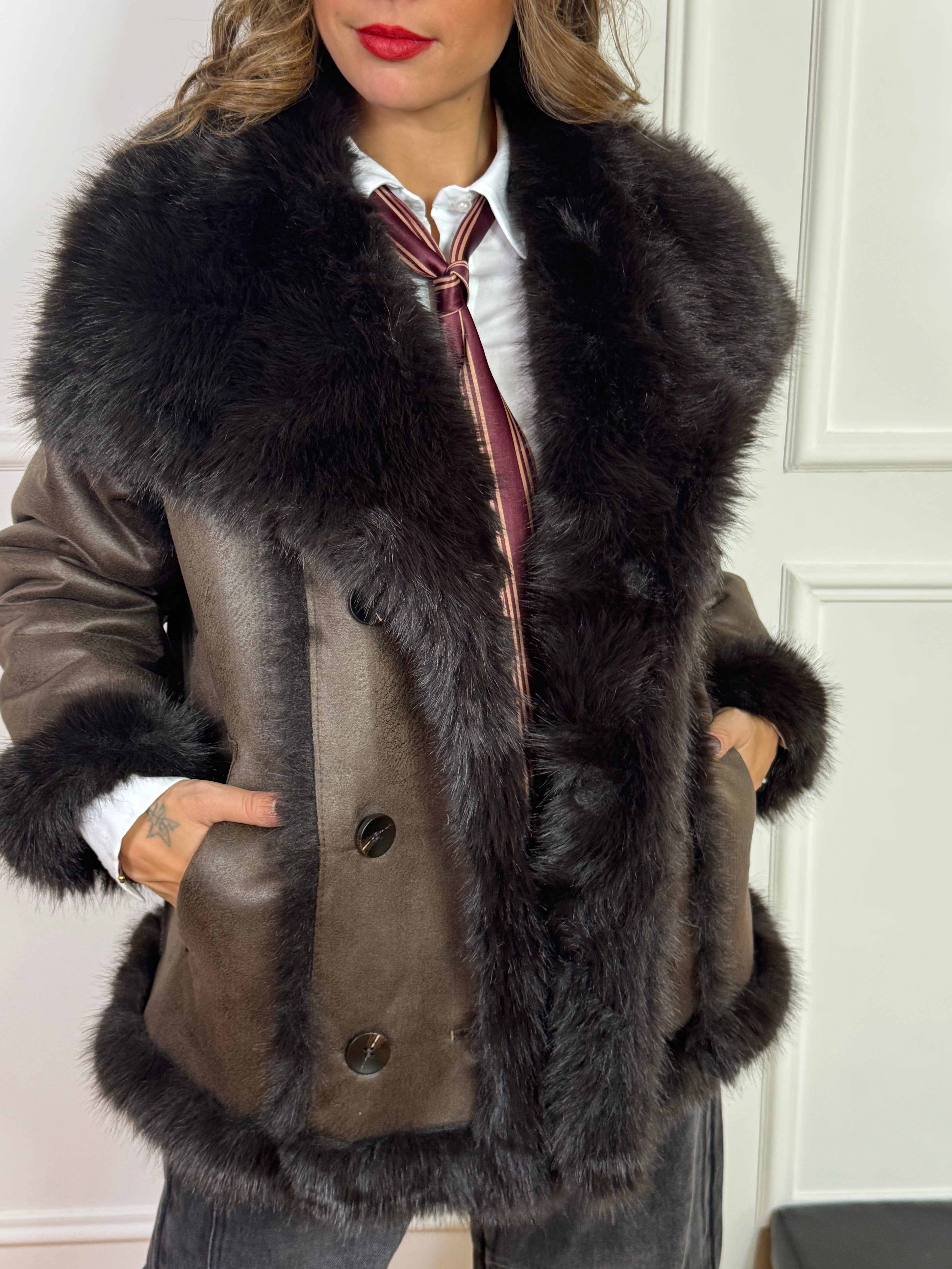 Giacca cappotto corto doppiopetto SUSY MIX REVERSIBILE ECOMONTONE - ECOPELLICCIA