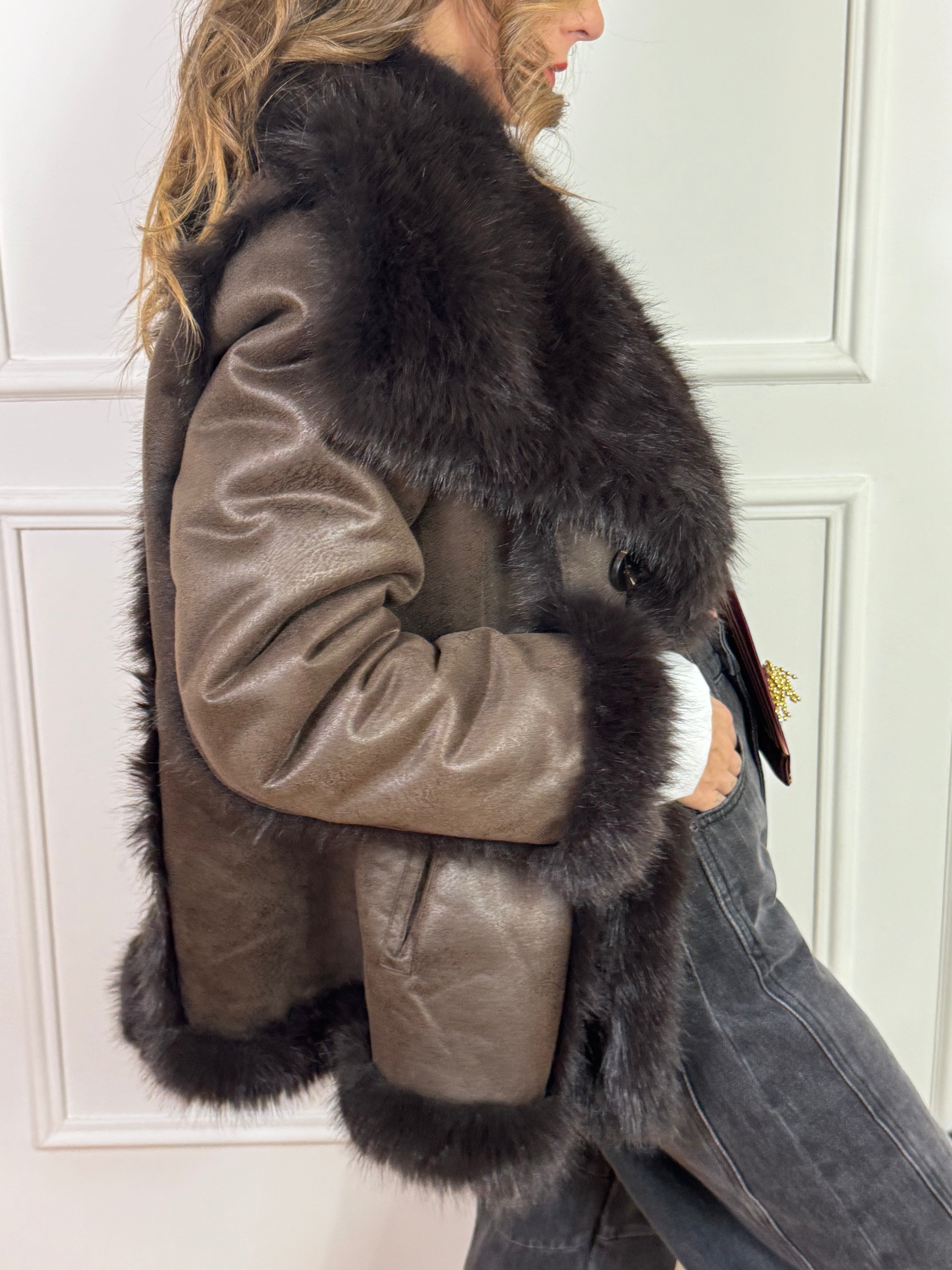 Giacca cappotto corto doppiopetto SUSY MIX REVERSIBILE ECOMONTONE - ECOPELLICCIA