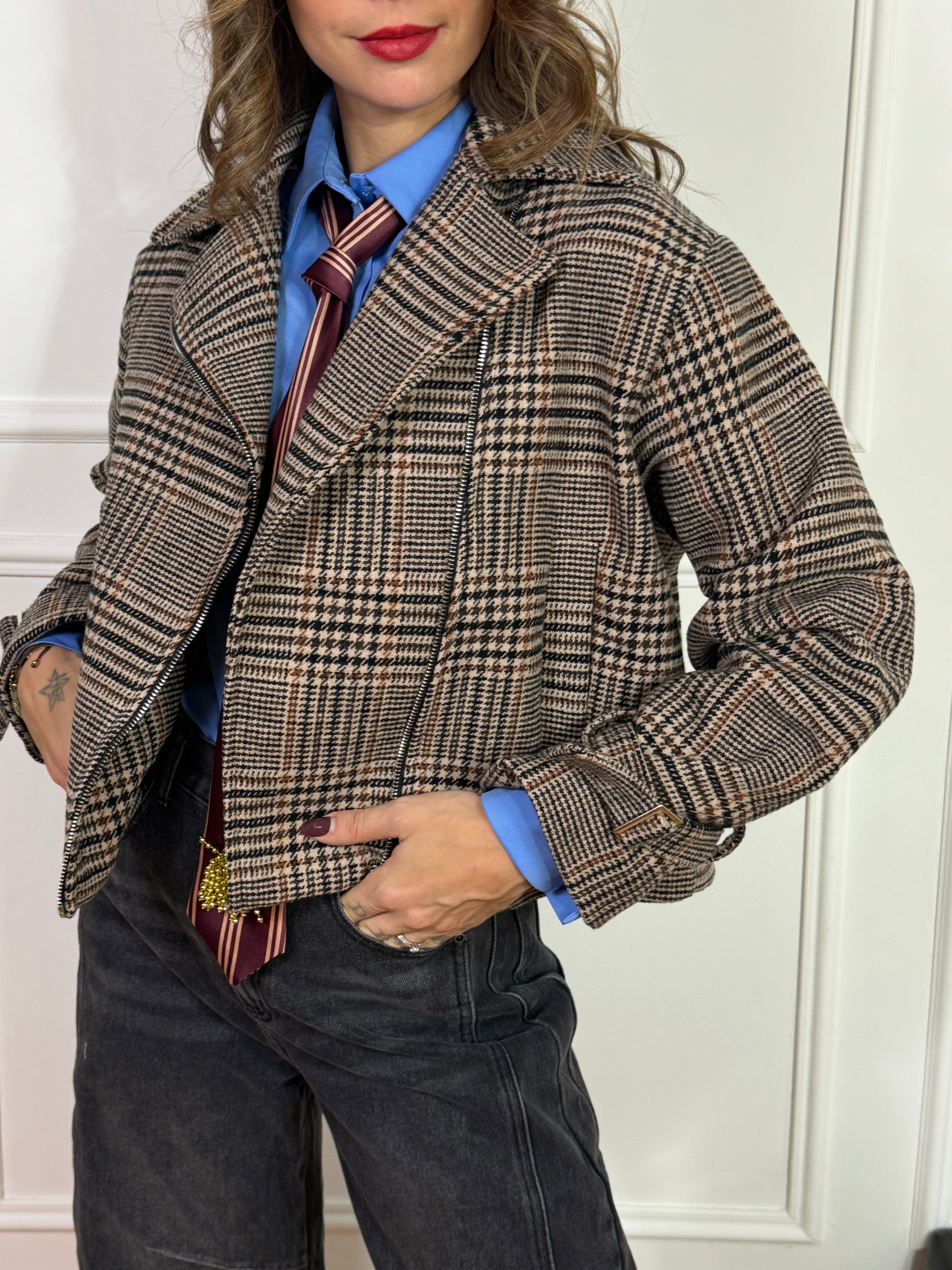 Giacca chiodo in pannetto Susy Mix fantasia Principe di Galles