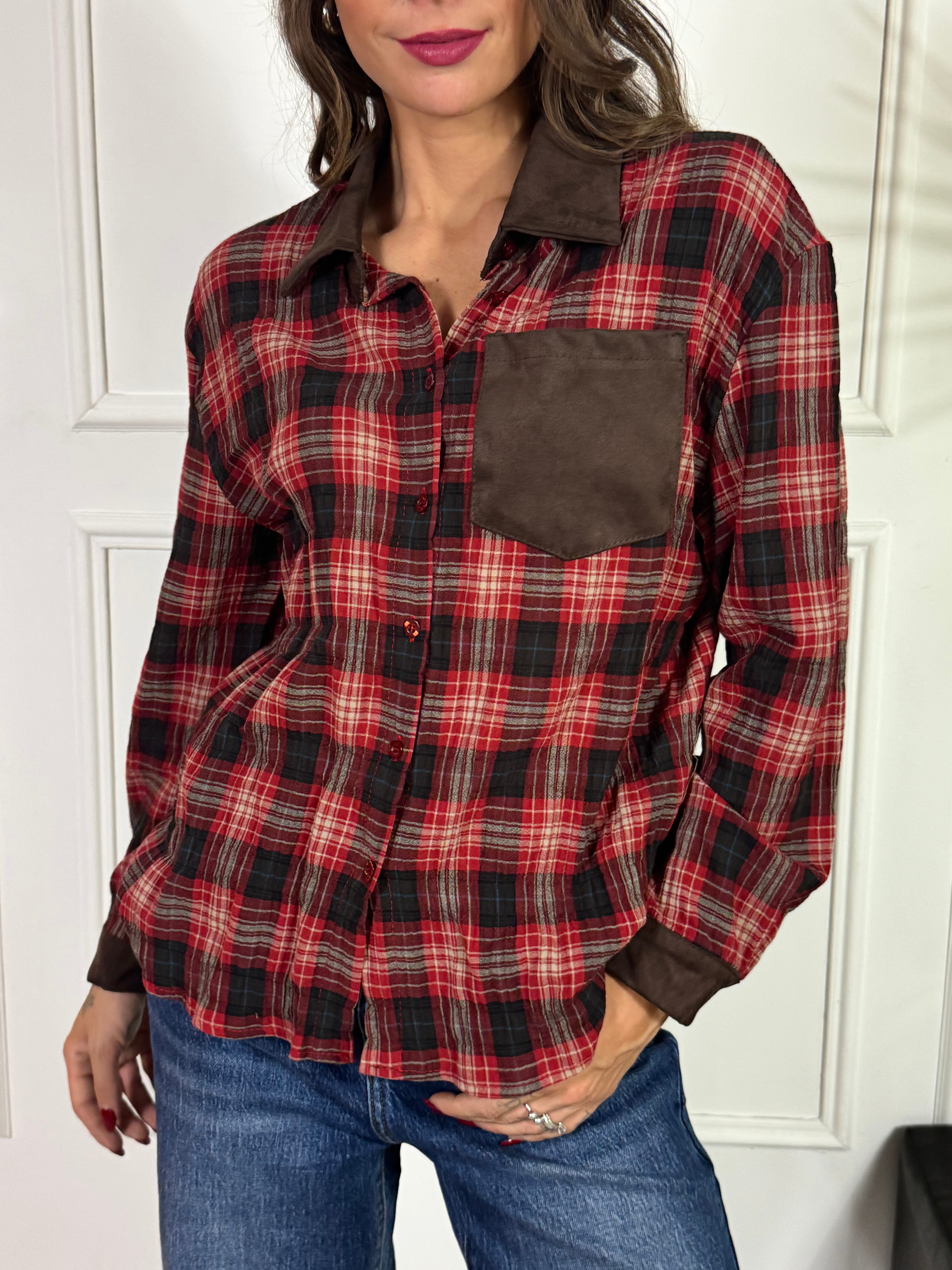 Camicia scozzese rosso Victoria ILMH dettagli eco dainetto moro