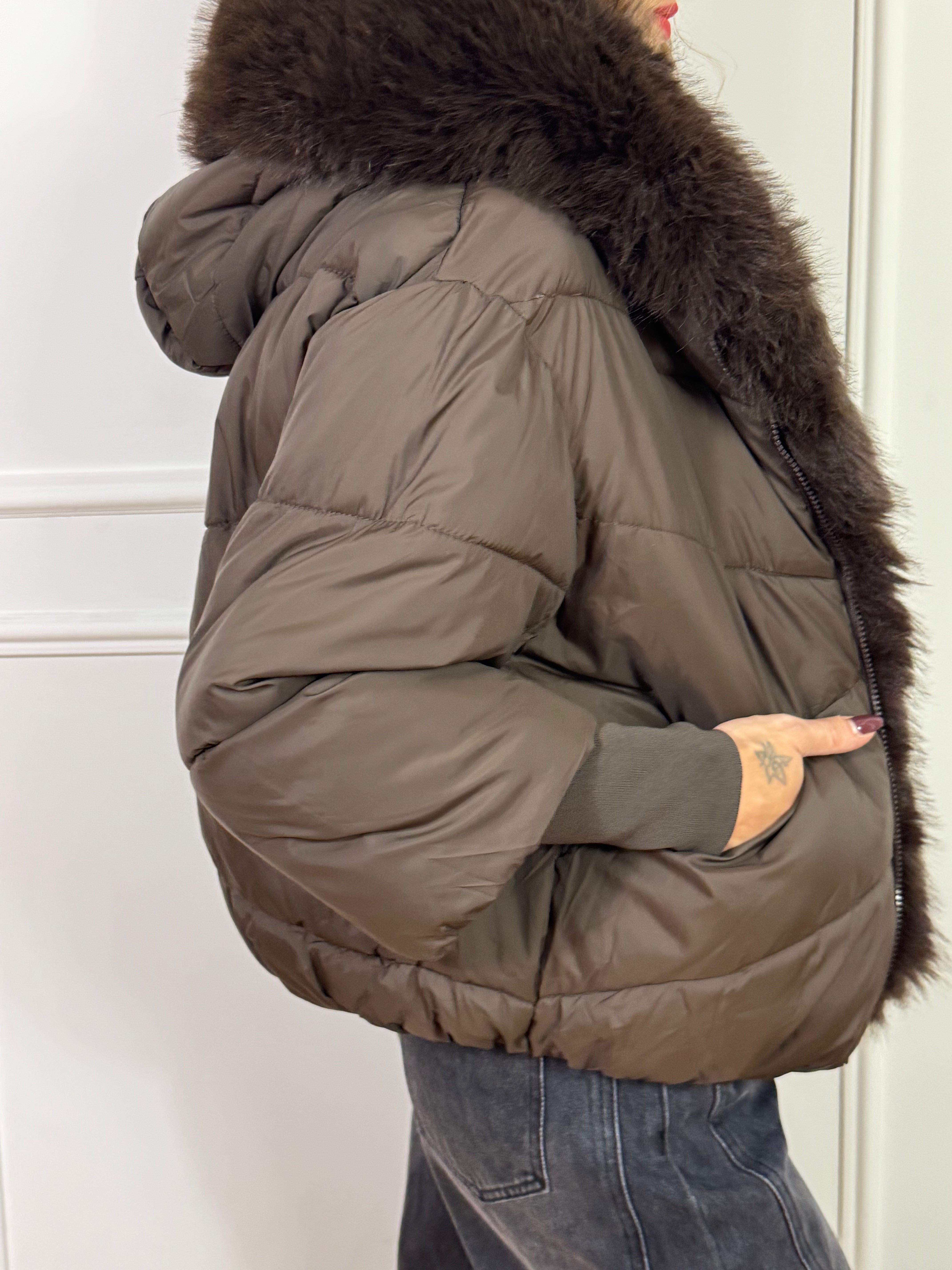 Giacca piumino bomber con cappuccio SUSY MIX con inserto ecopelliccia removibile