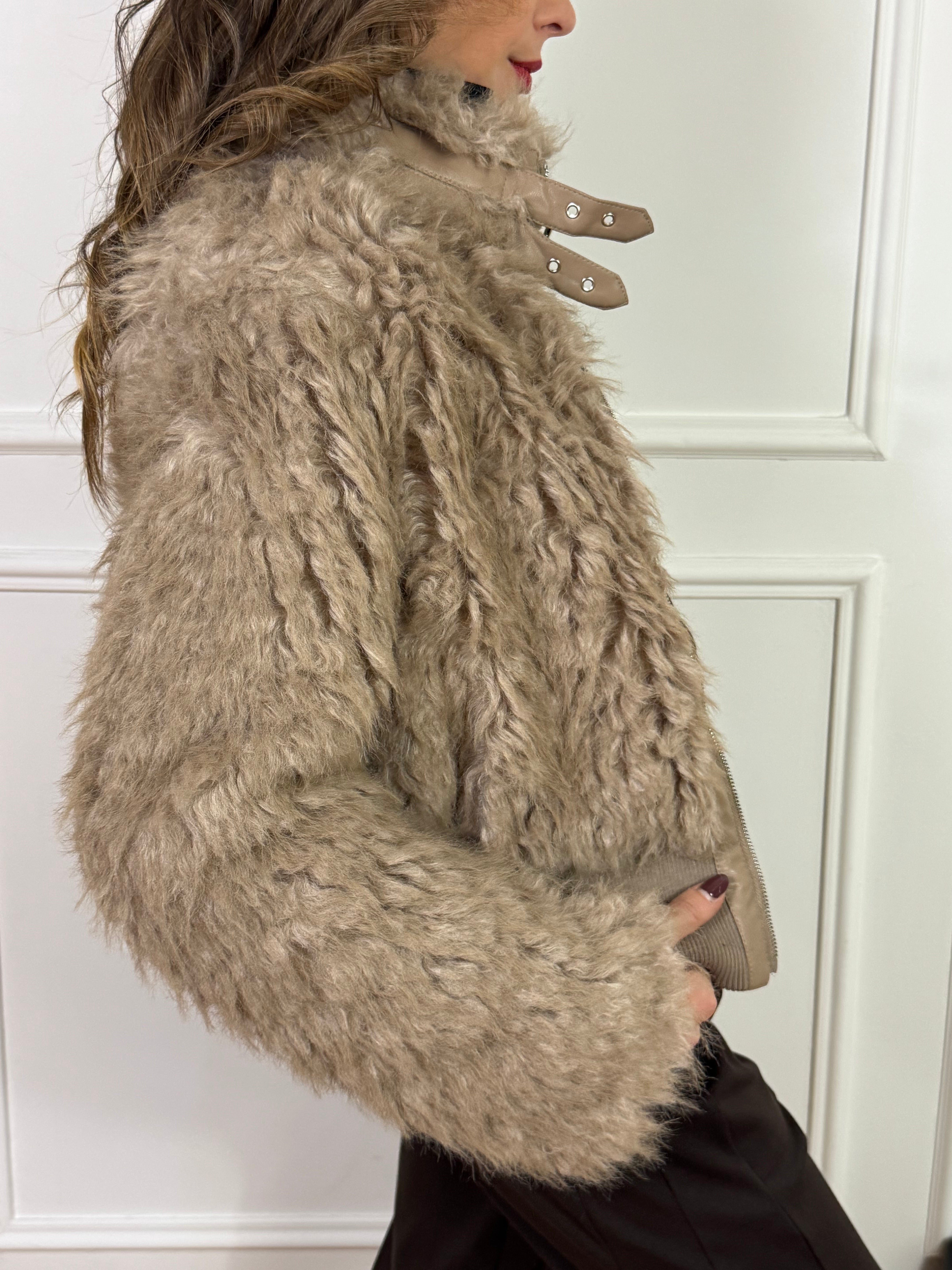 Giacca ecopelliccia bomber Mongolia Susy Mix con dettagli in ecopelle