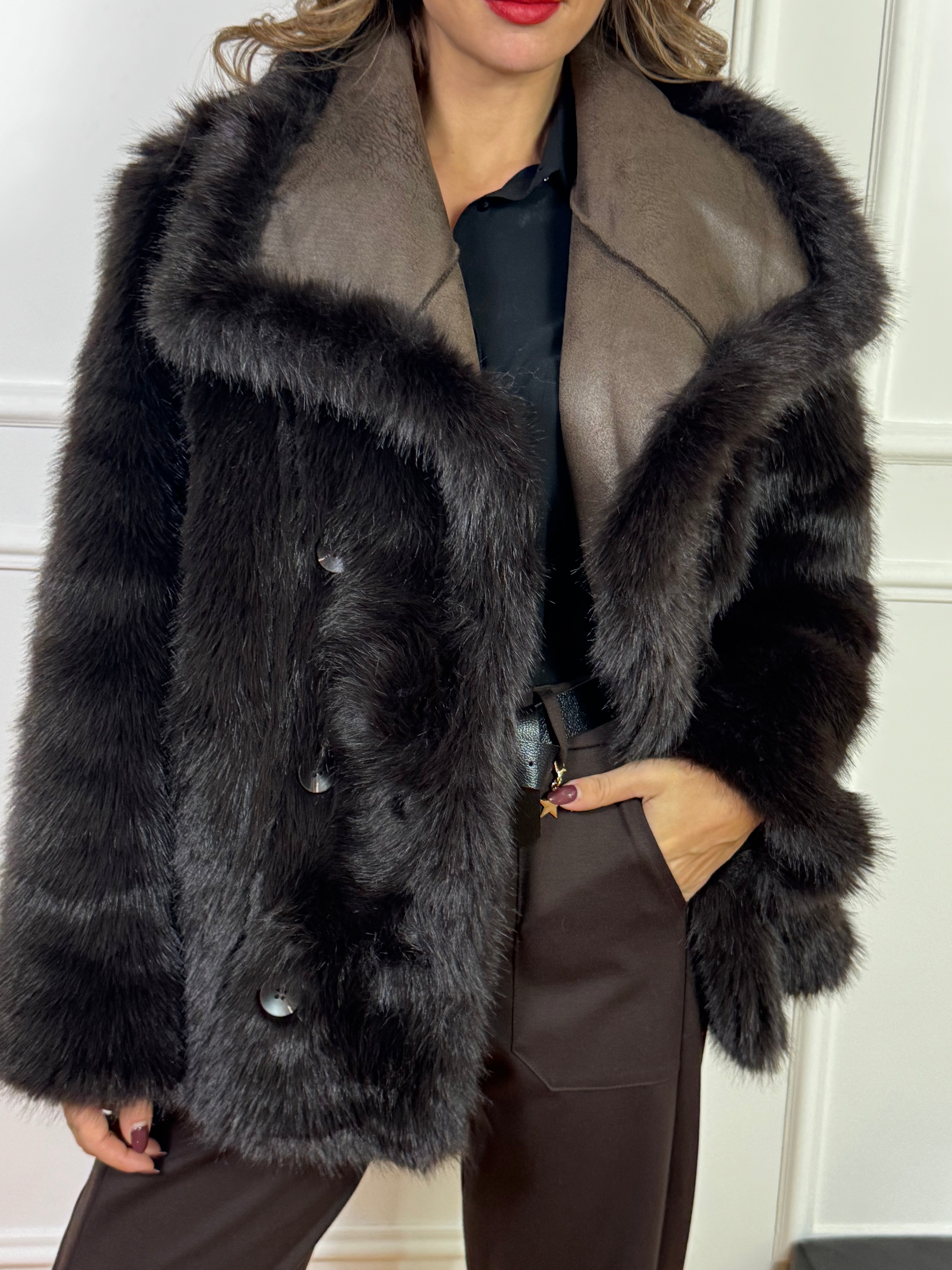 Giacca cappotto corto doppiopetto SUSY MIX REVERSIBILE ECOMONTONE - ECOPELLICCIA