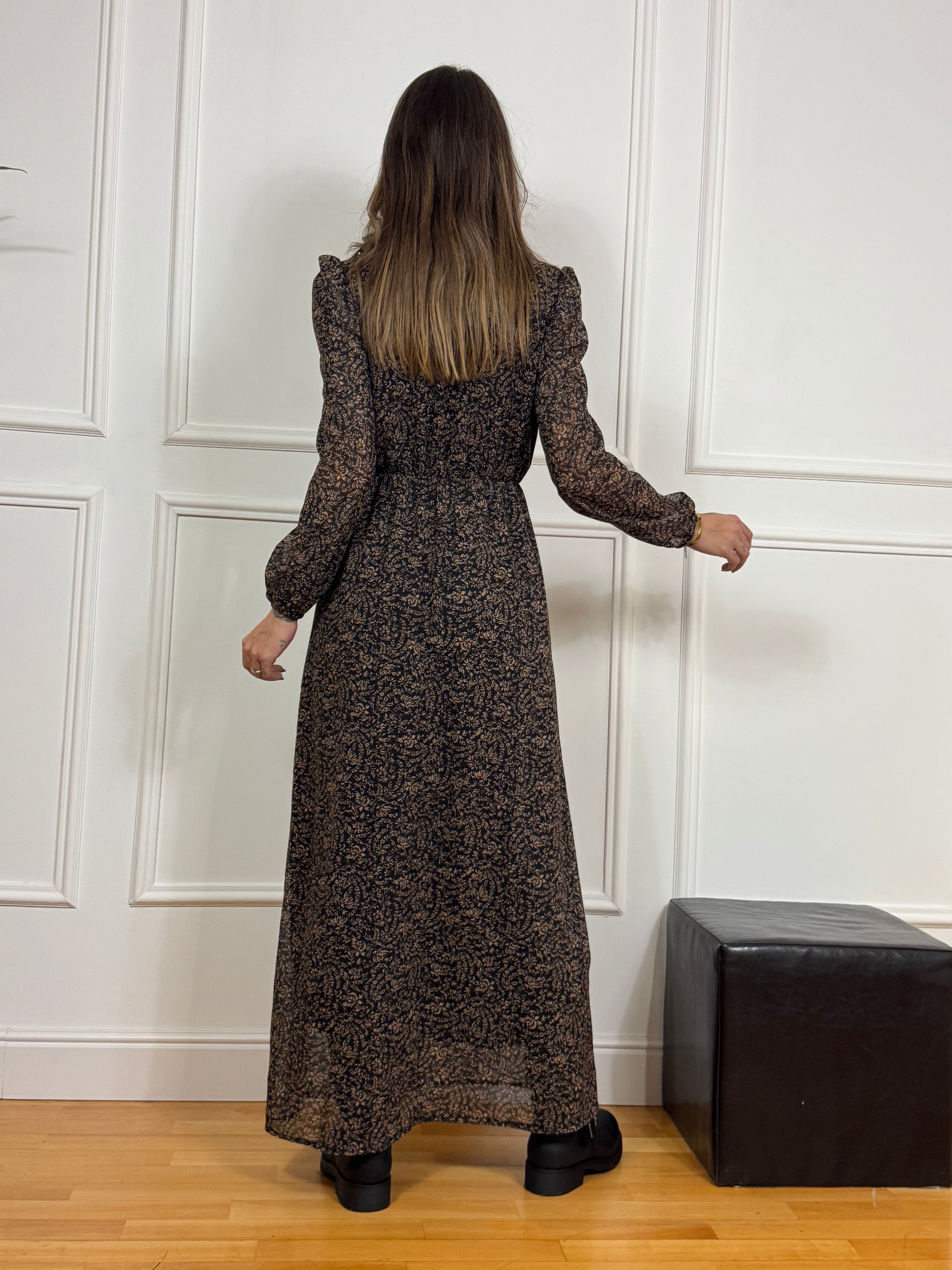 Abito lungo in georgette con volant Kikisix fantasia floreale NERO-BEIGE