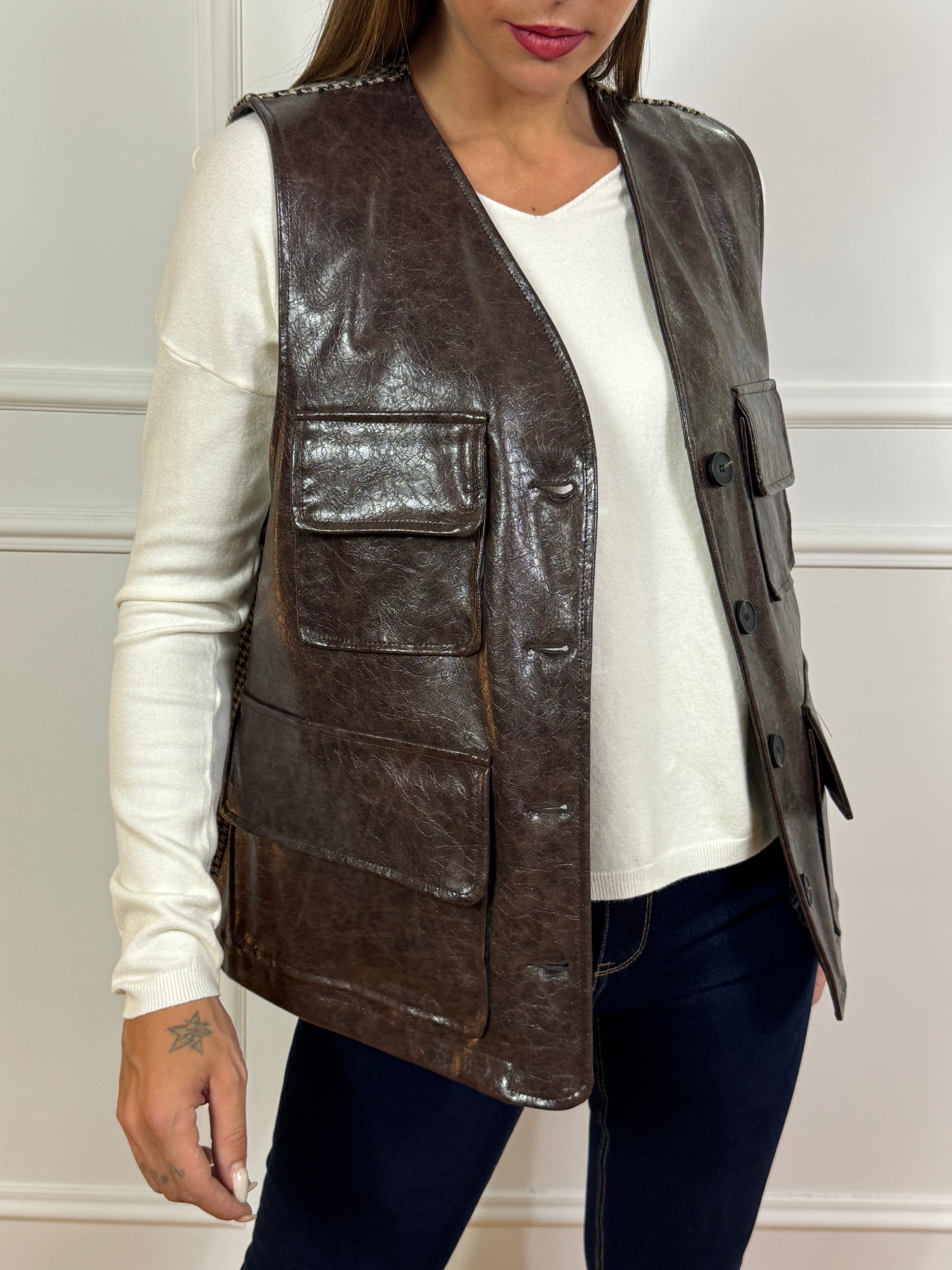 Gilet OVER Victoria ILMH bimateriale ECOPELLE - MICRO PIED-DE-POULE
