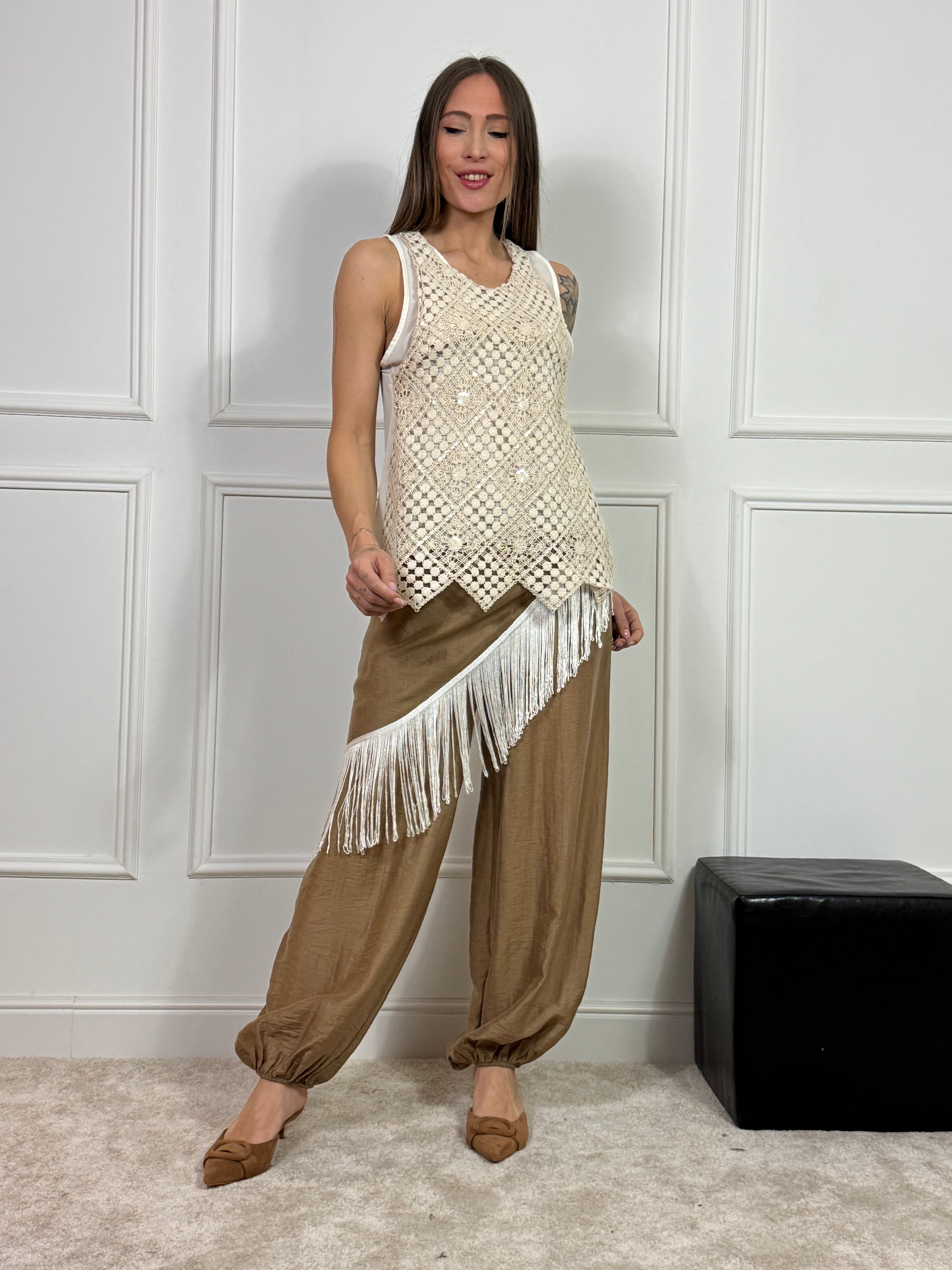 Pantalone Susy Mix effetto pareo con frange