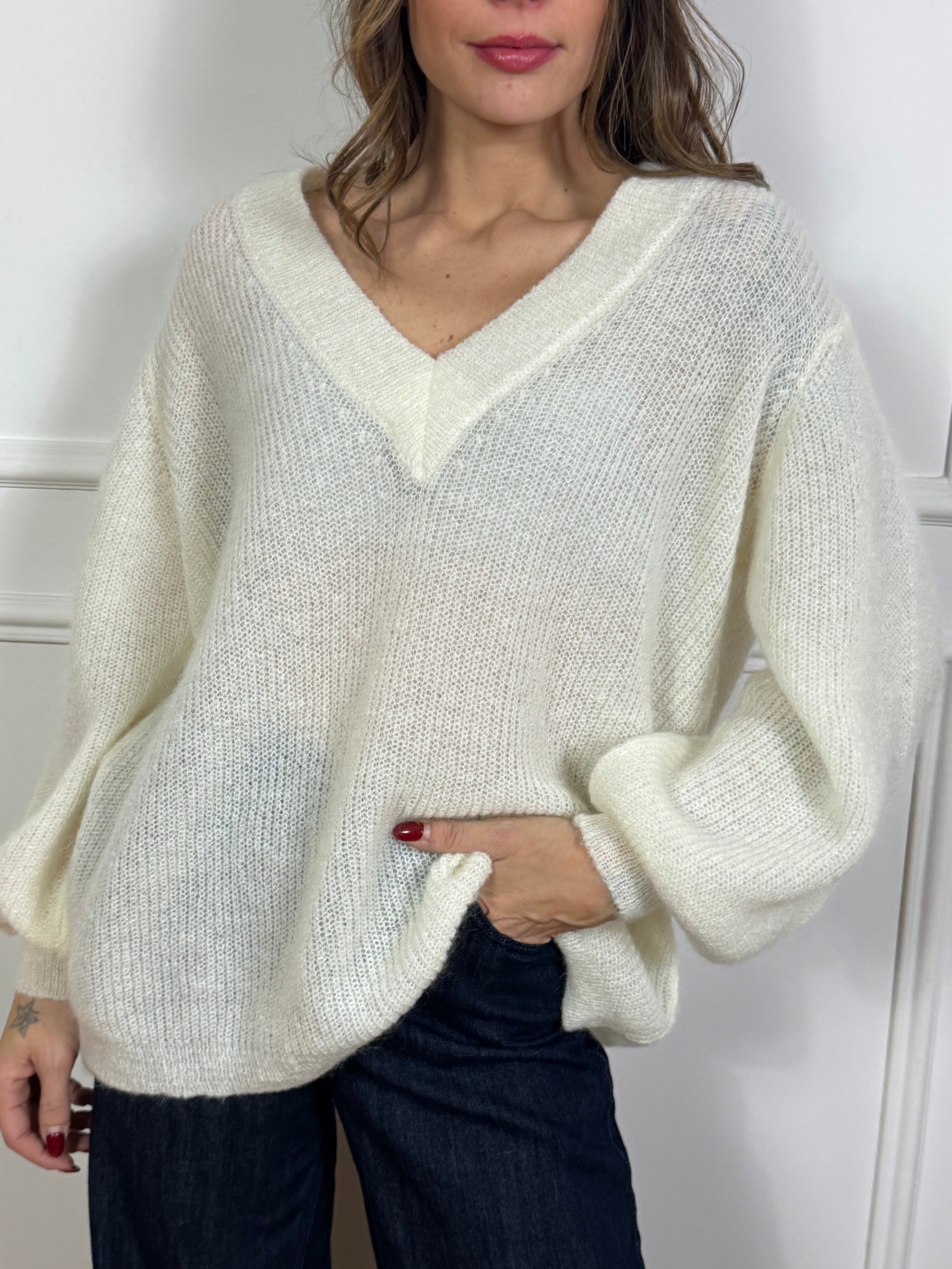 Maglia OVER MISTO MOHAIR Kikisix SCOLLO V manica sbuffo