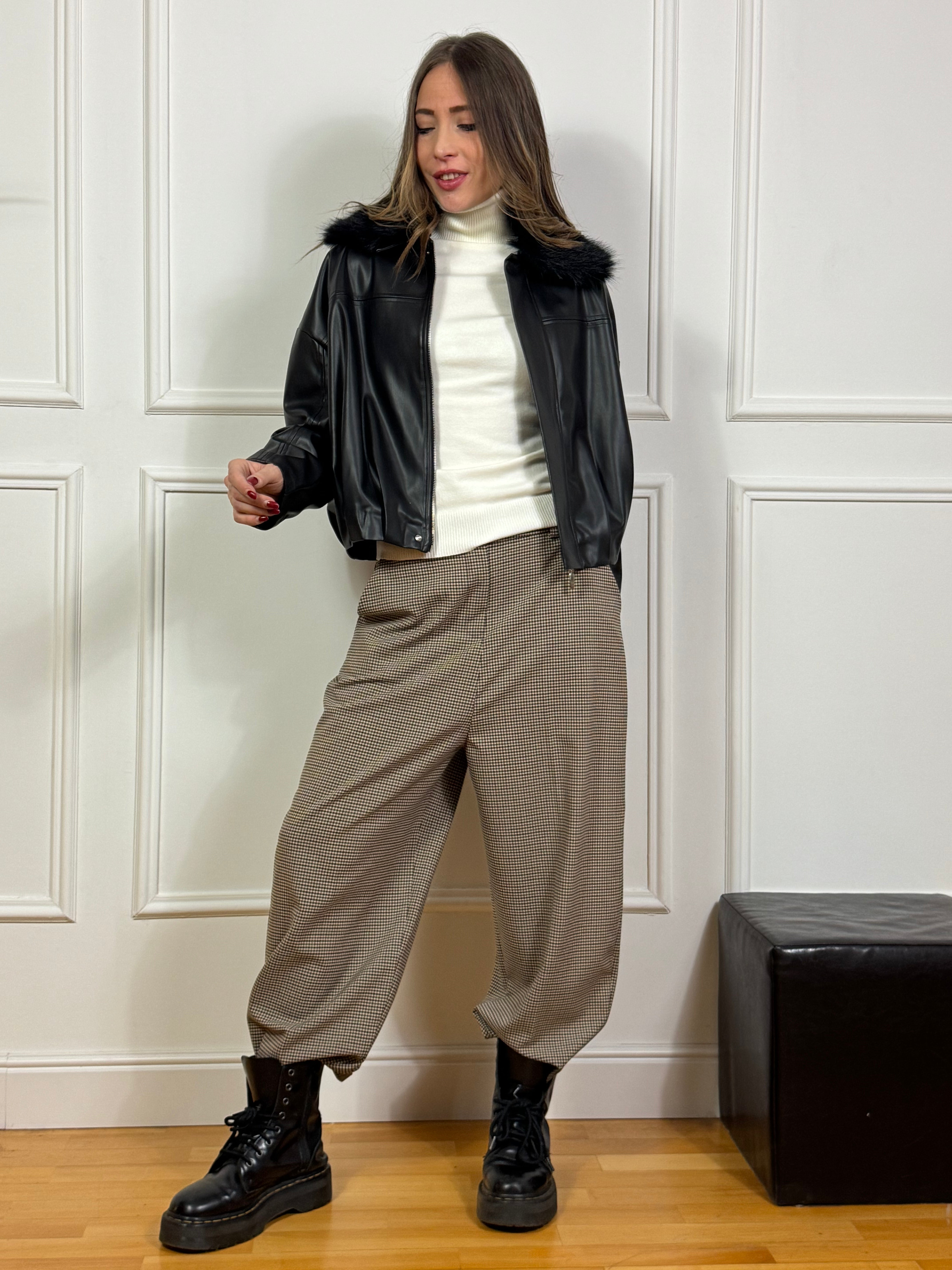 Pantalone Susy Mix balloon fantasia vichy beige-moro