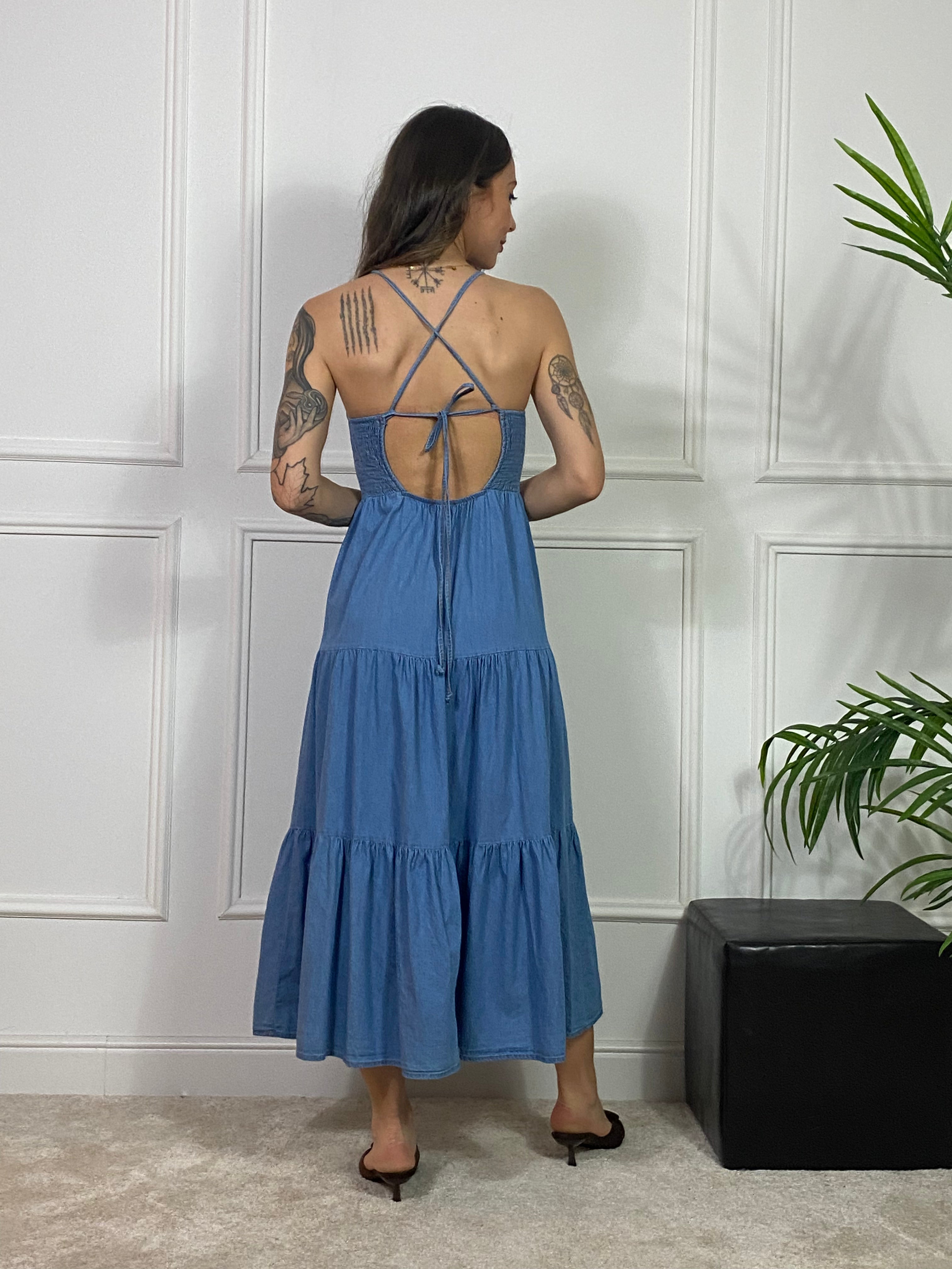 Abito lungo chambray Kikisix NIDO D'APE E BRETELLE INCROCIATE