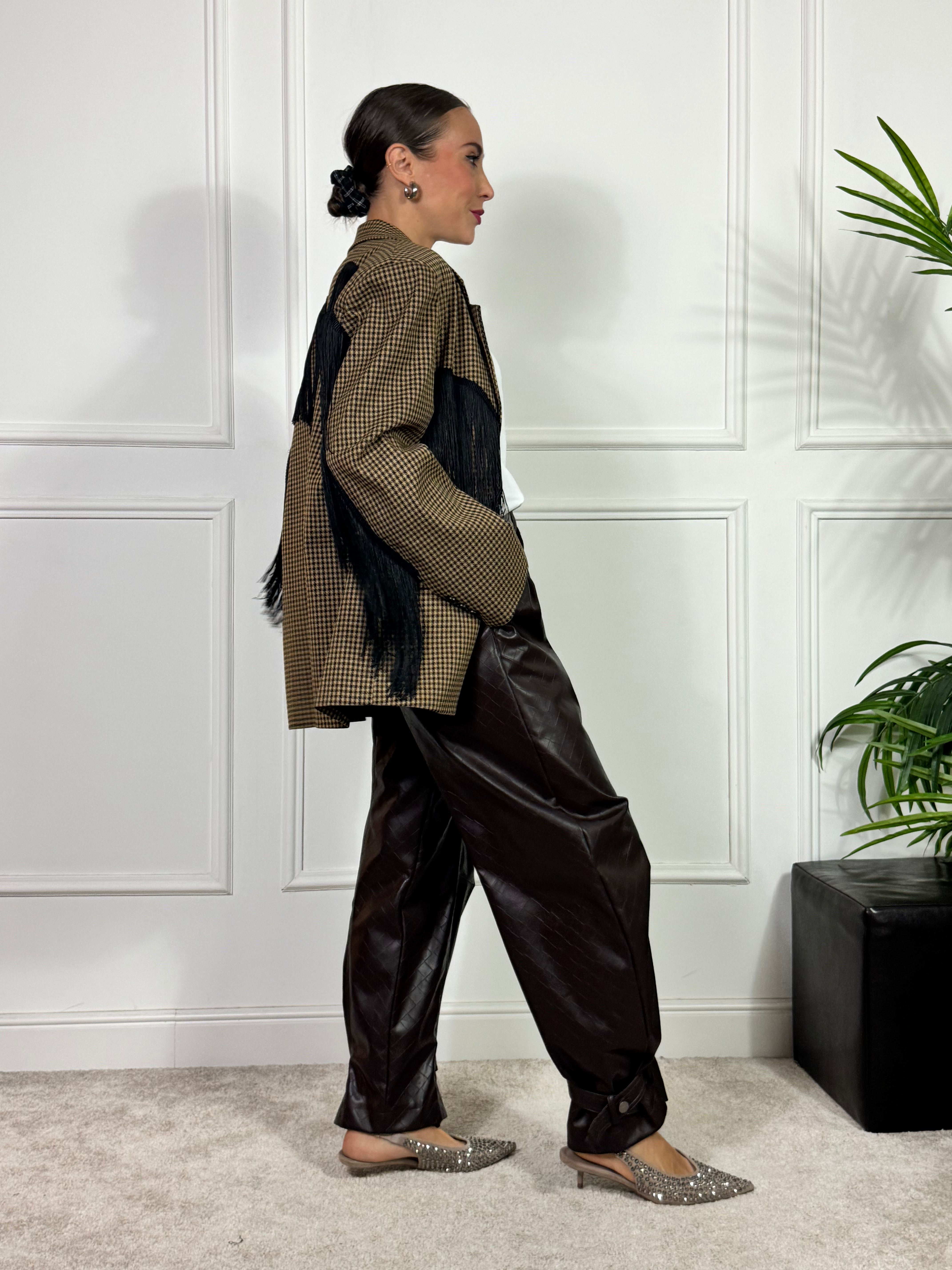 Giacca blazer Victoria ILMH checked beige-moro-nero con frange