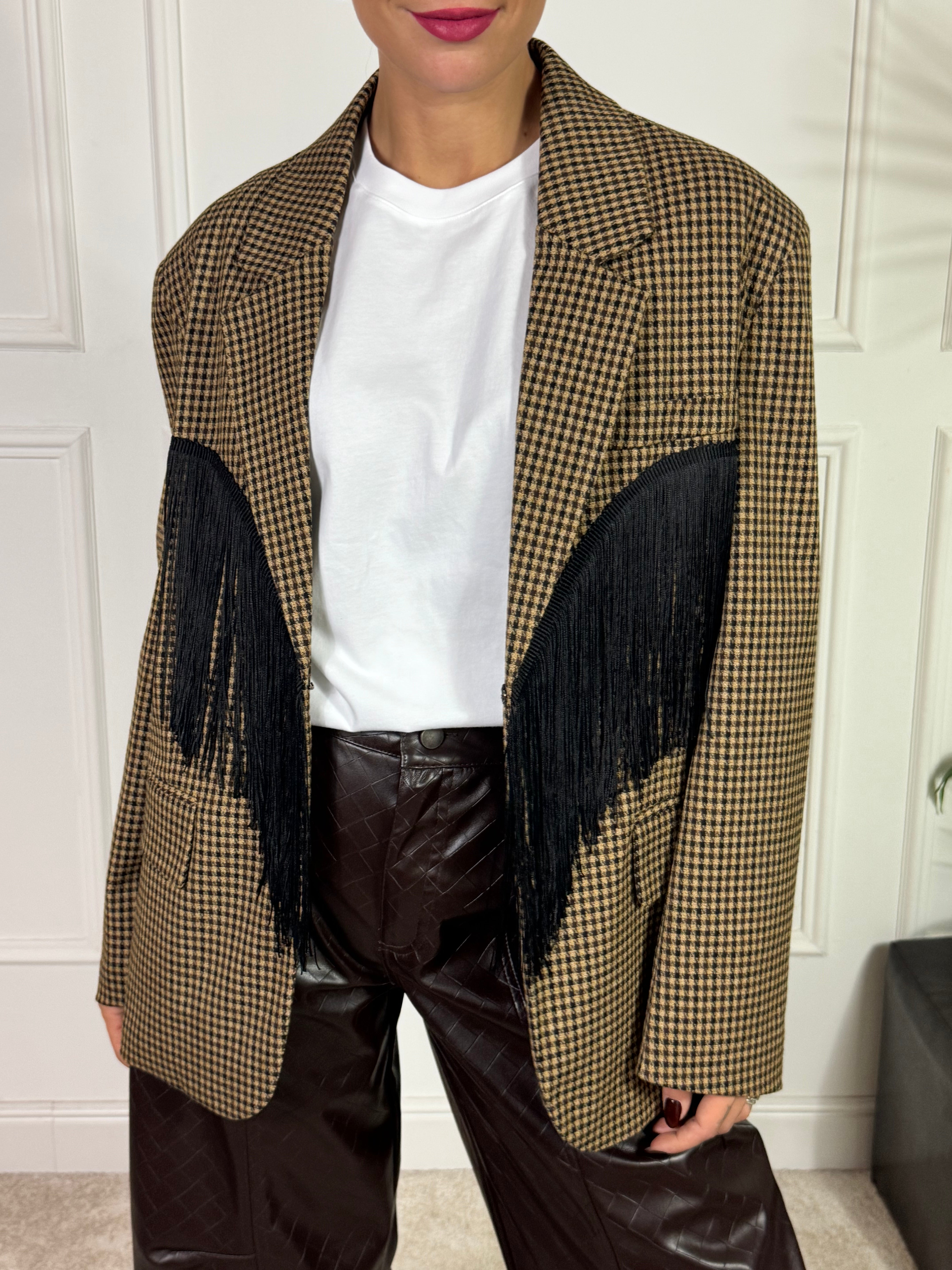 Giacca blazer Victoria ILMH checked beige-moro-nero con frange