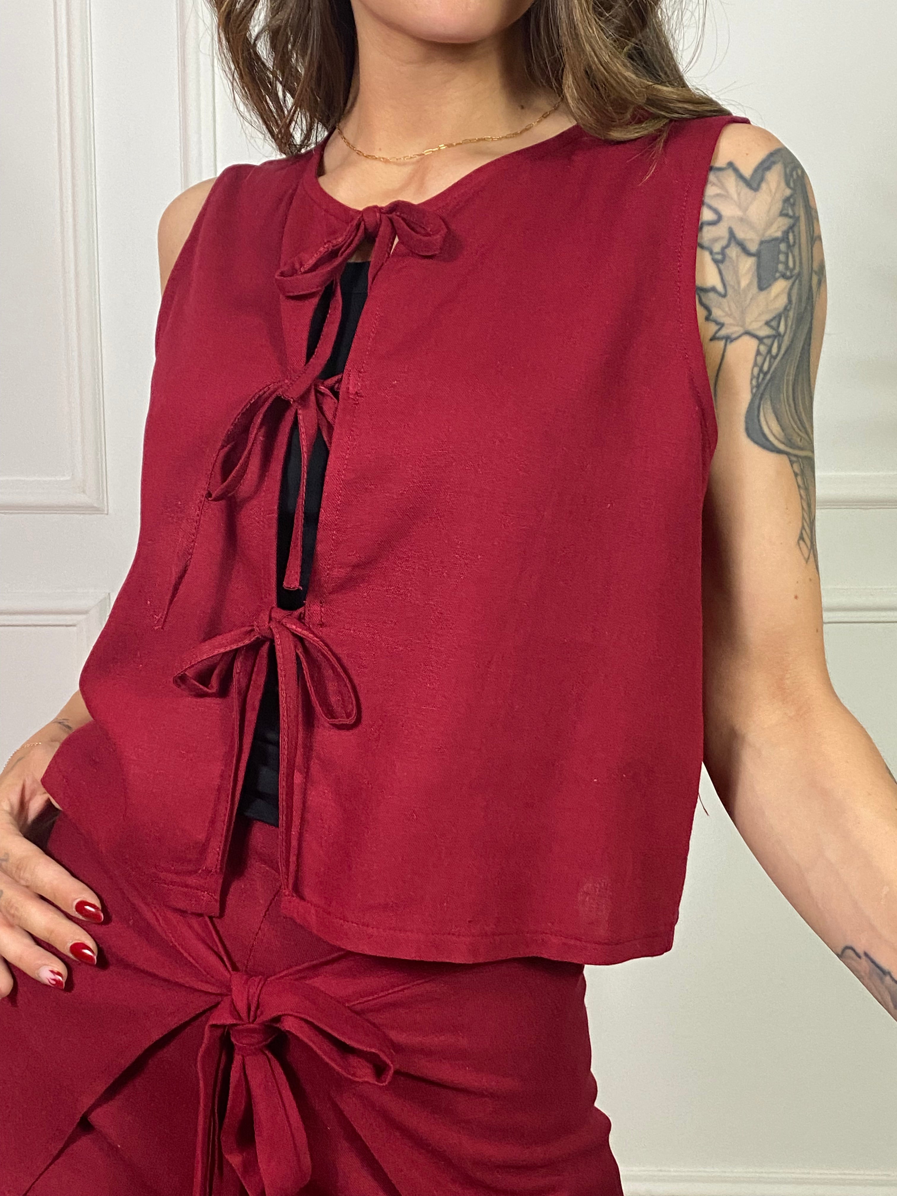 GILET CON LACCETTI LINO VISCOSA KIKISIX TINTA UNITA