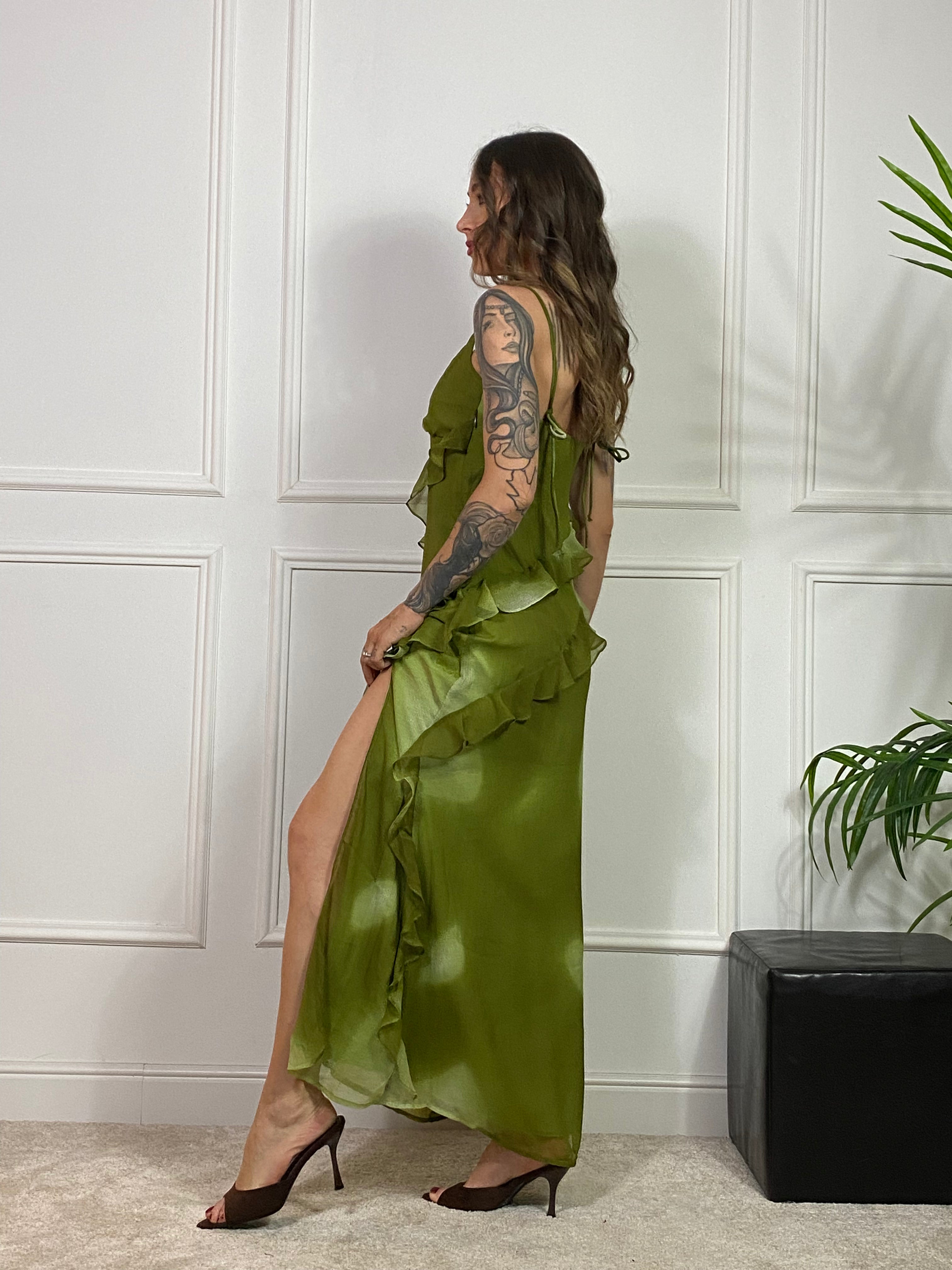 Abito lungo JJXX modello EMILIA CHIFFON - VERDE OLIVA SFUMATO