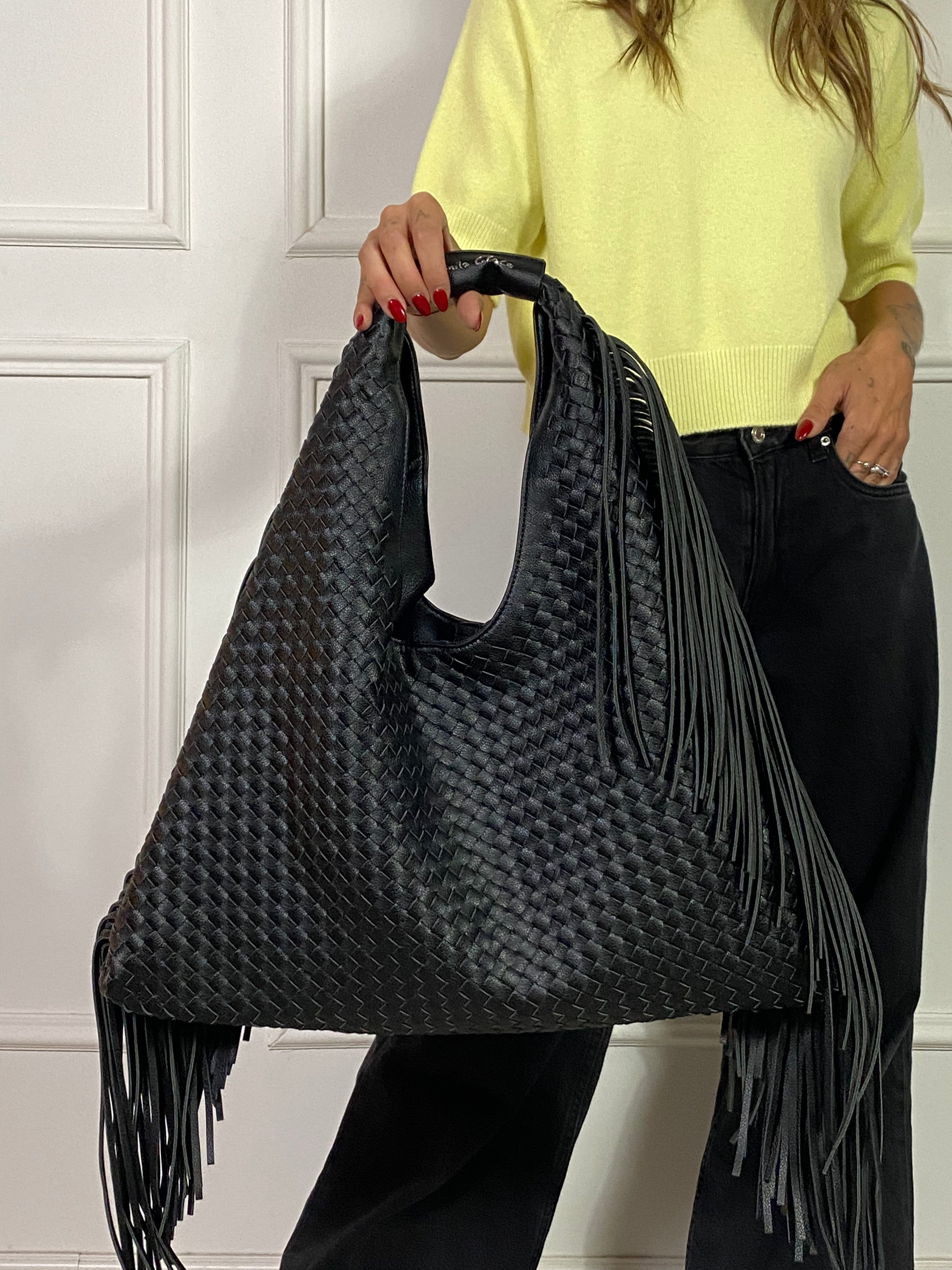Borsa Manila Grace SHOULDER BAG - ECOPELLE INTRECCIATA CON FRANGE LATERALI