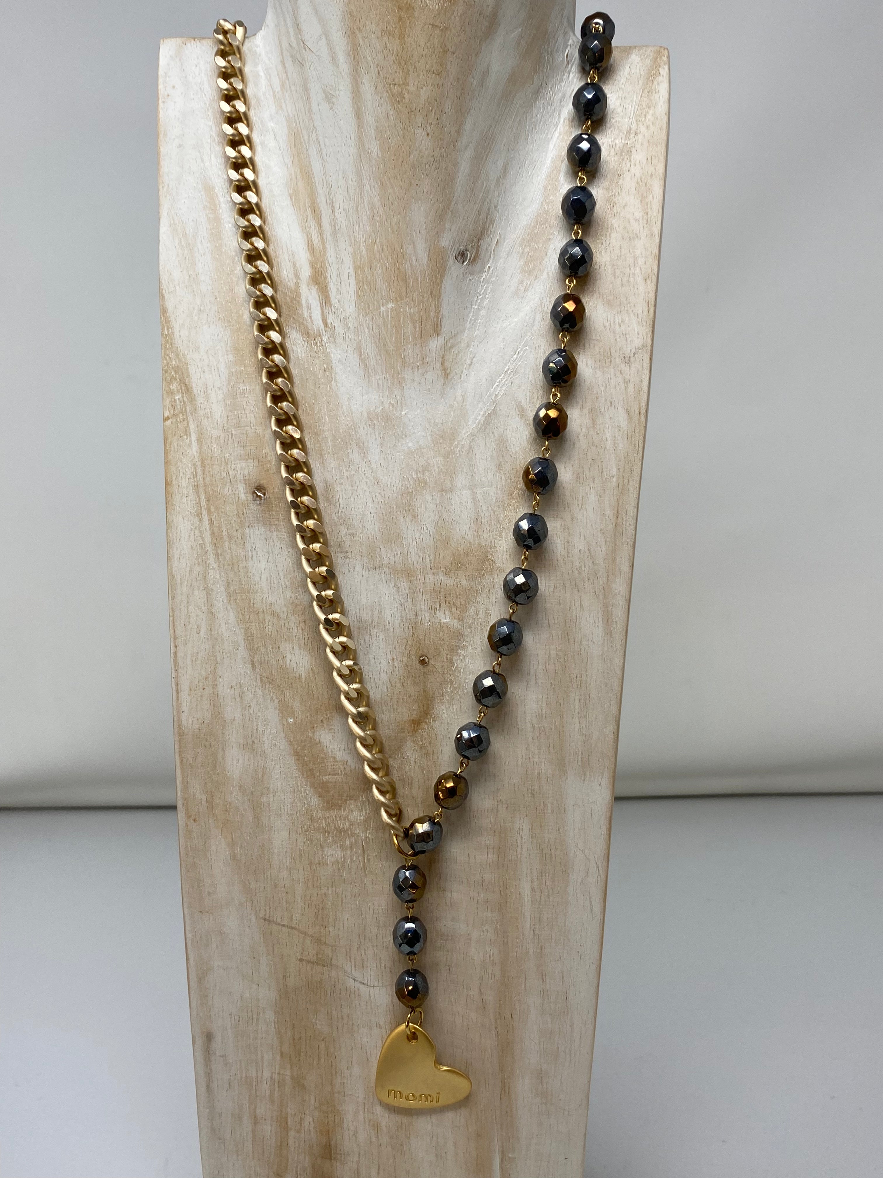 Collana Momi FRANCESCA LUNGA -ORO - CUORE - SFUMATO PIOMBO BRONZO