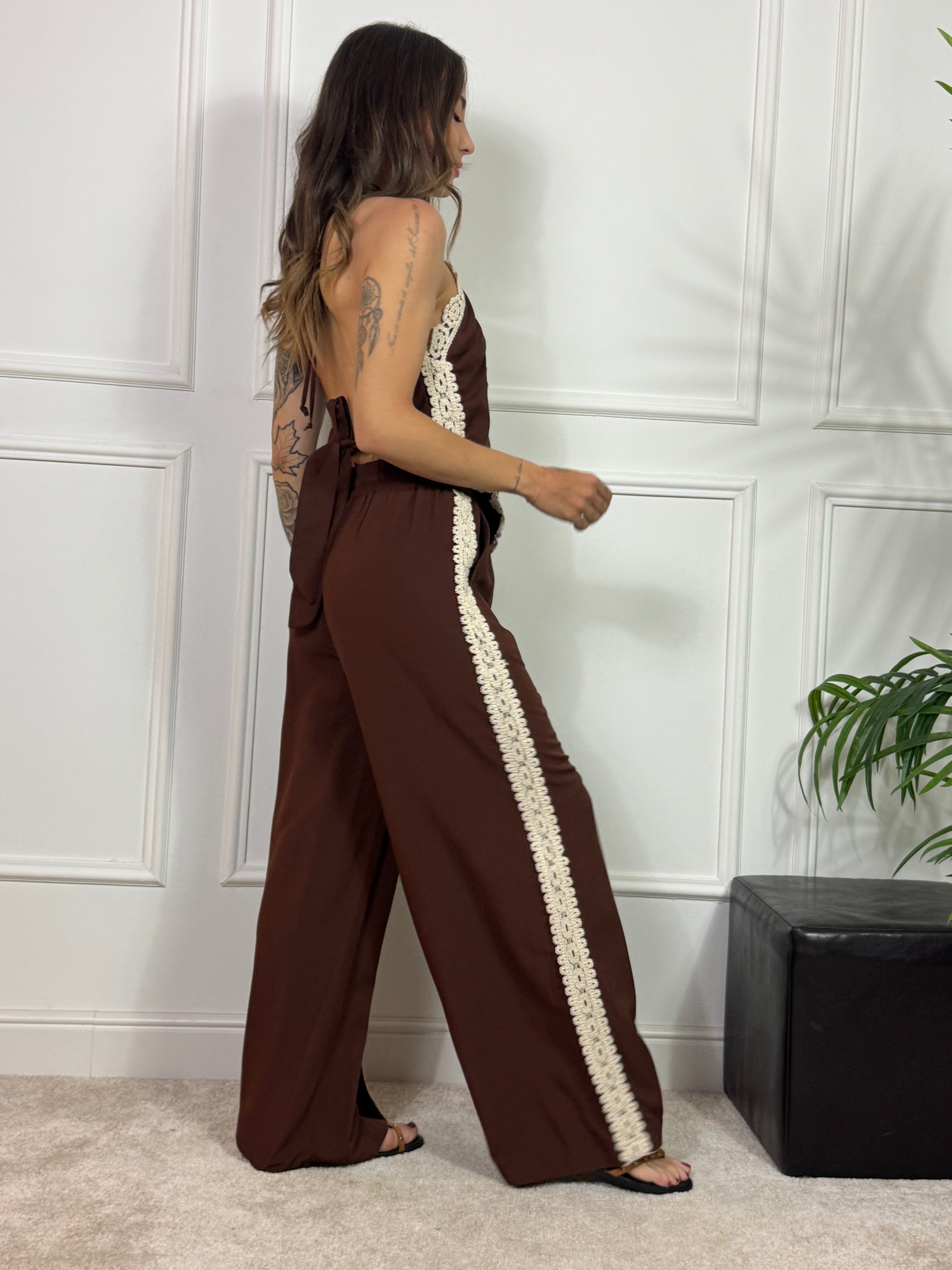 PANTALONE PALAZZO Victoria ILMH MARRONE - RICAMI CROCHET