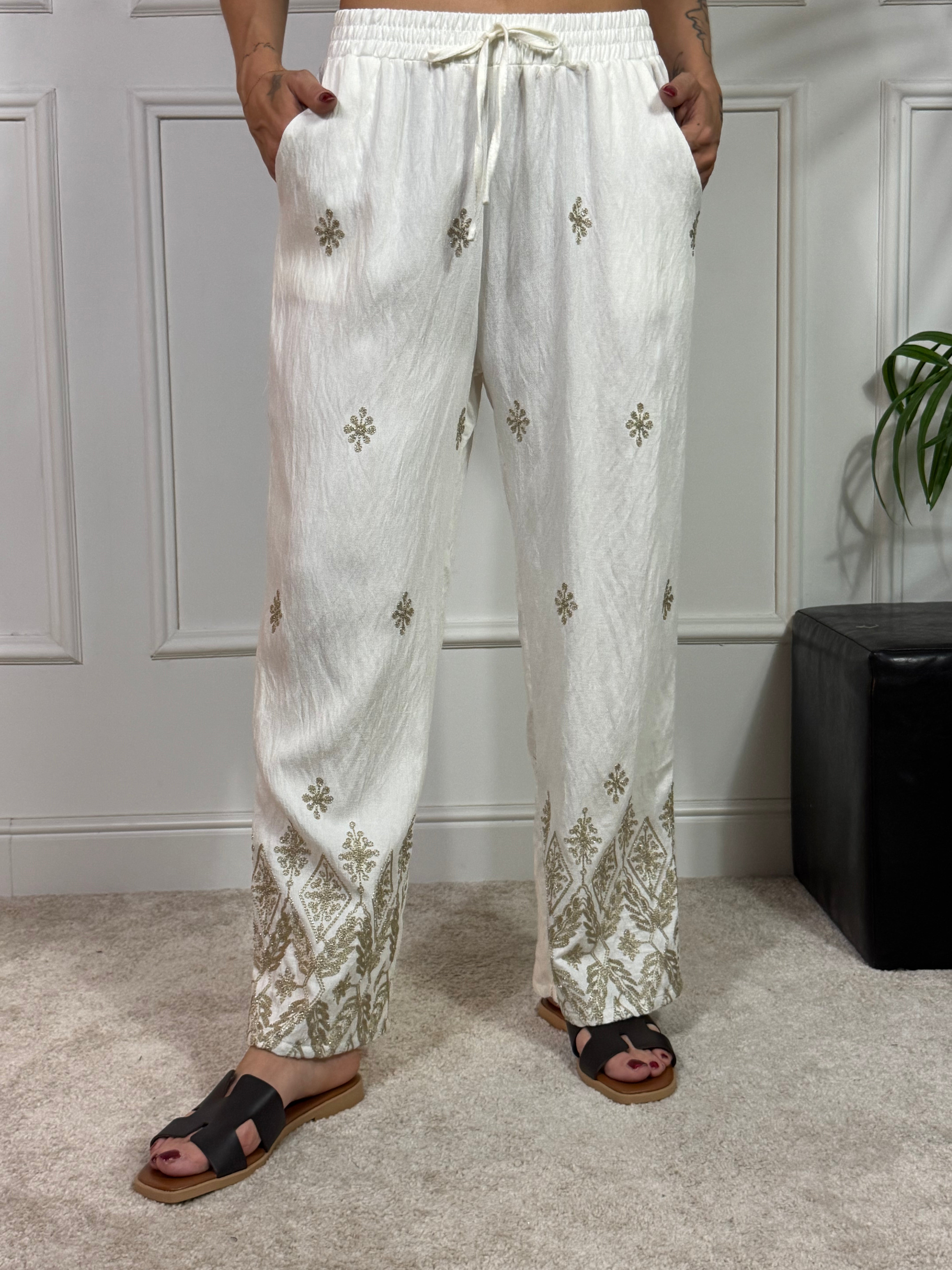 PANTALONE PALAZZO DRITTO in viscosa elasticizzata Victoria ILMH RICAMI ORO DAVANTI