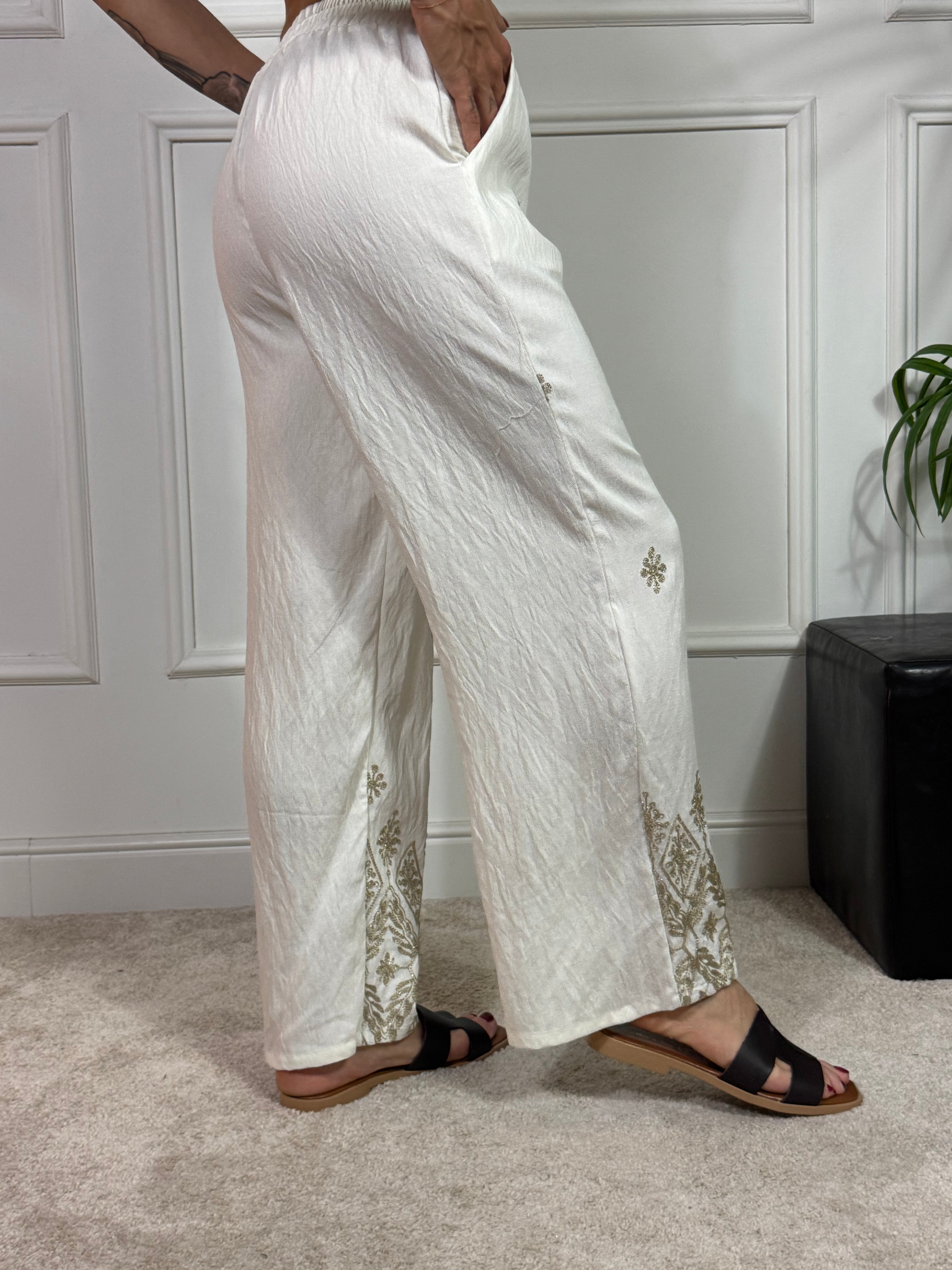 PANTALONE PALAZZO DRITTO in viscosa elasticizzata Victoria ILMH RICAMI ORO DAVANTI