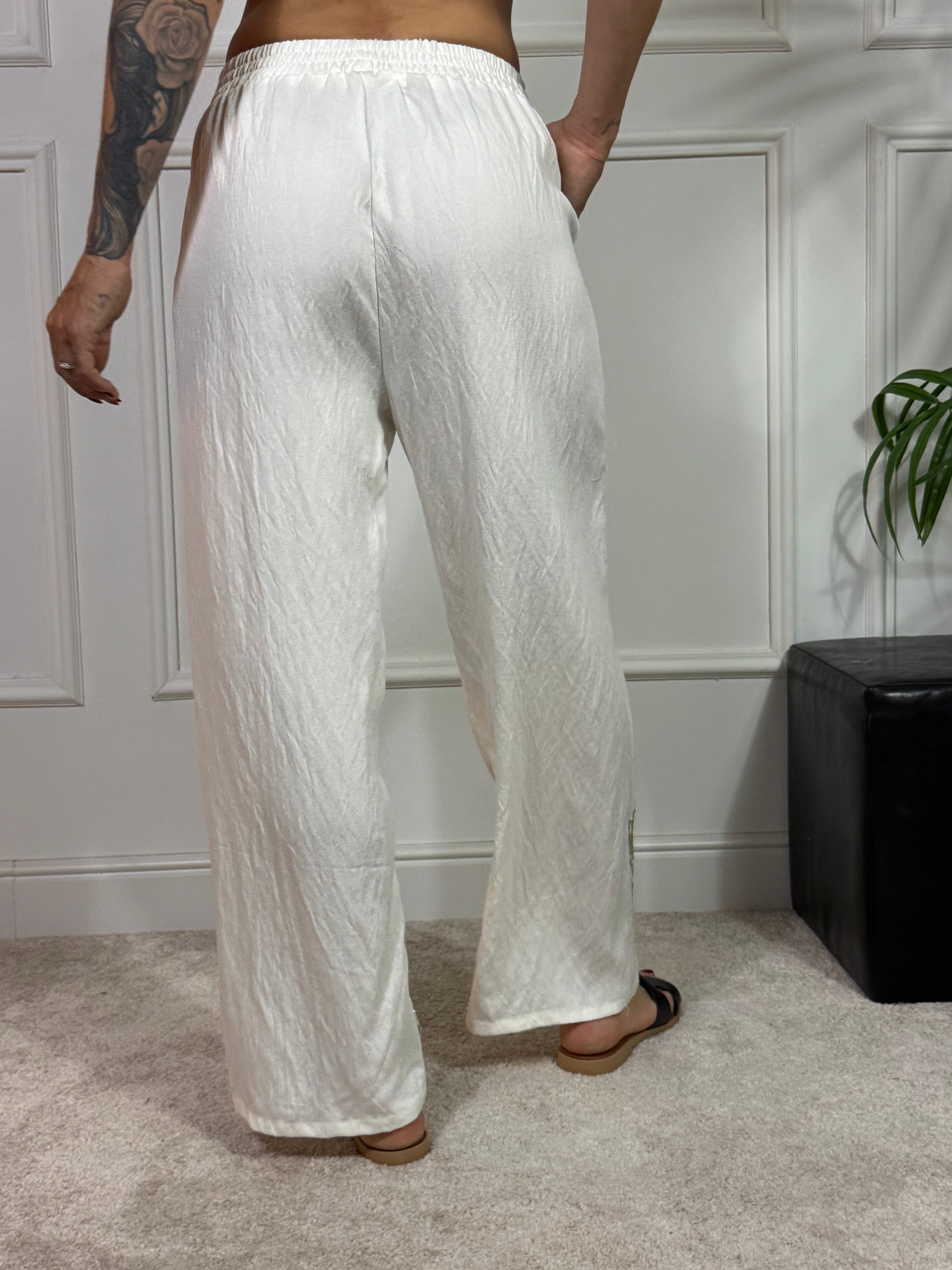 PANTALONE PALAZZO DRITTO in viscosa elasticizzata Victoria ILMH RICAMI ORO DAVANTI
