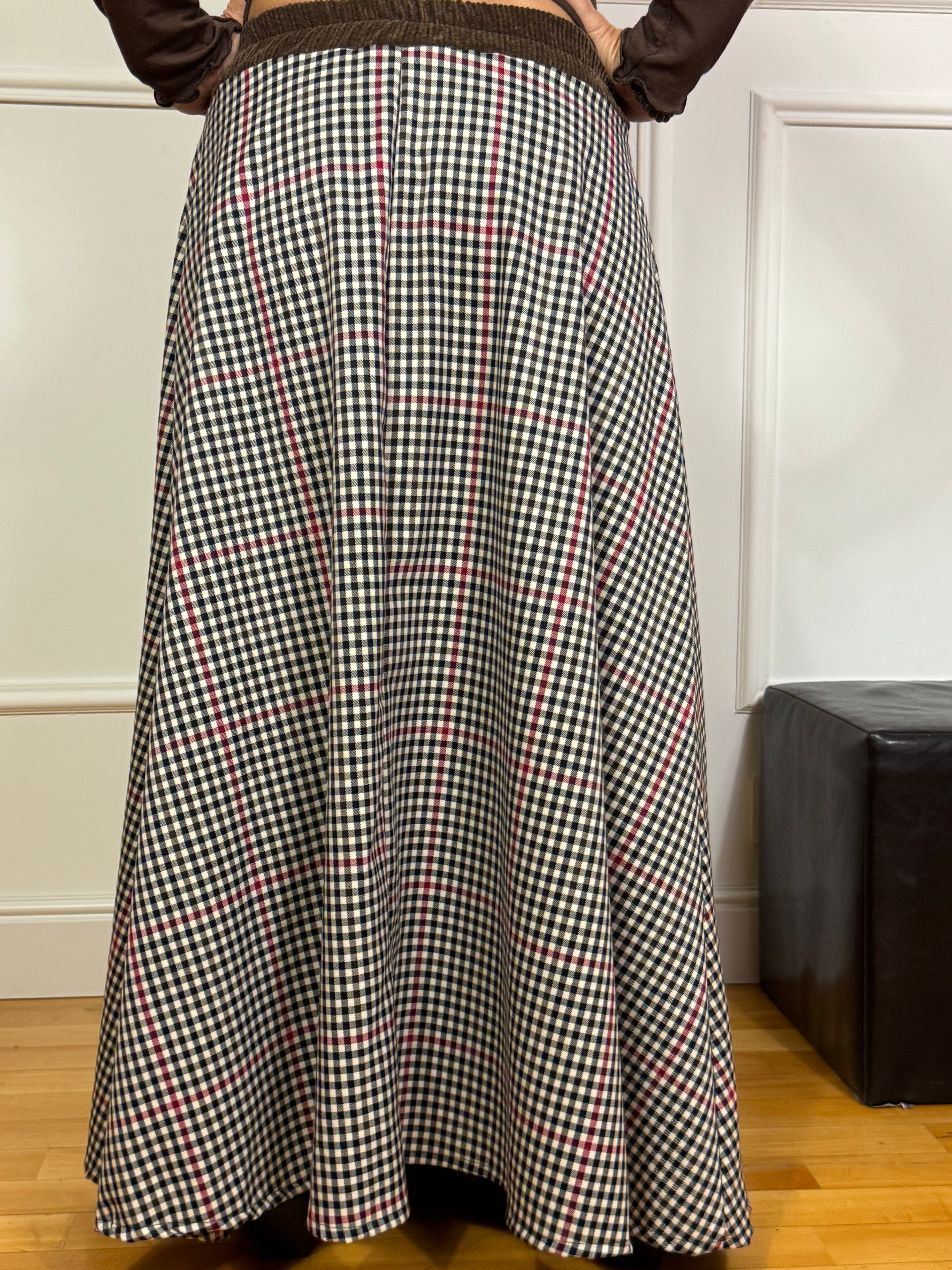 Gonna lunga a fantasia e vita in velluto Victoria ILMH QUADRETTINI RIGHE ROSSE