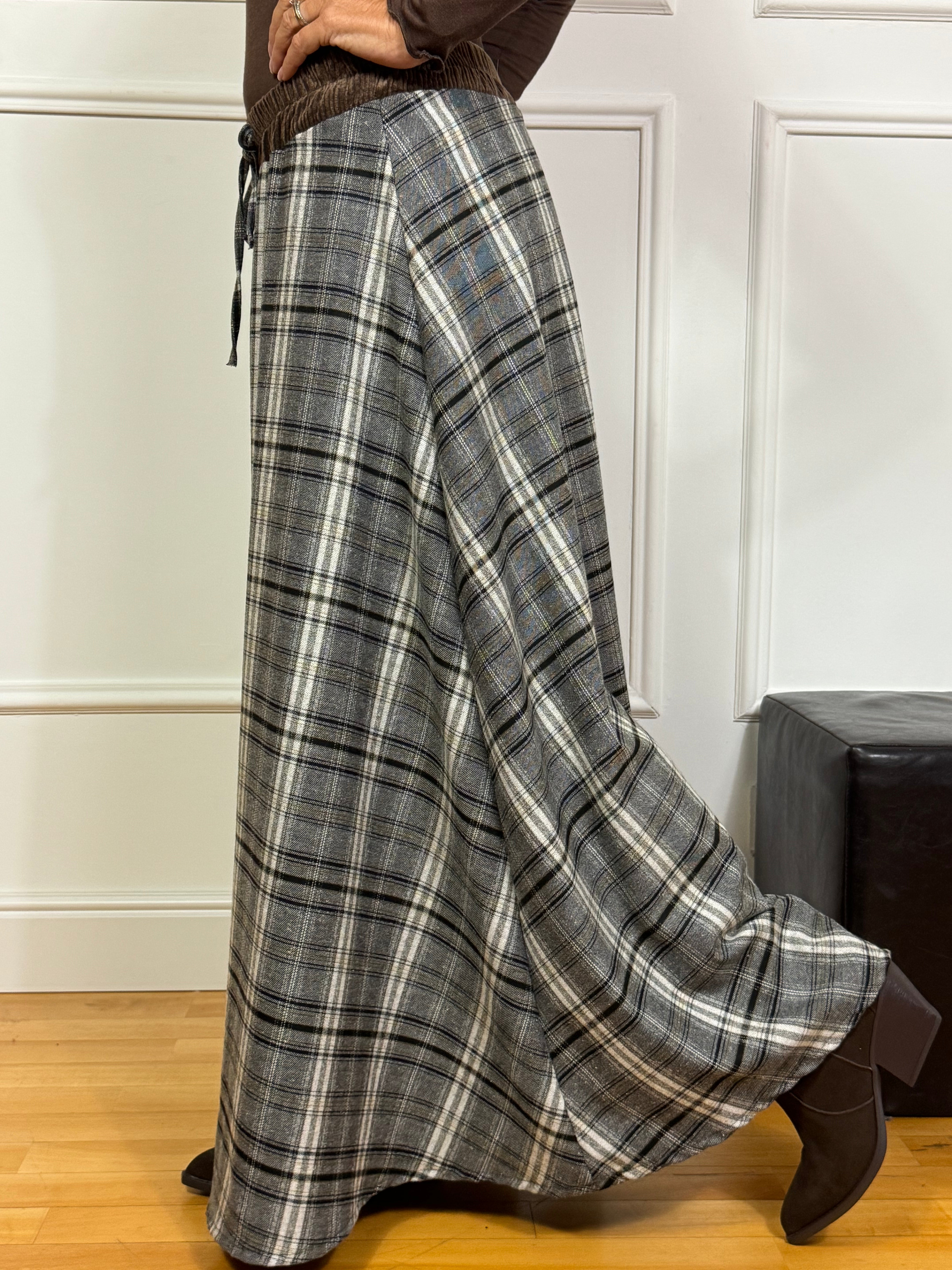 Gonna lunga a fantasia e vita in velluto Victoria ILMH SCOZZESE GRIGIO