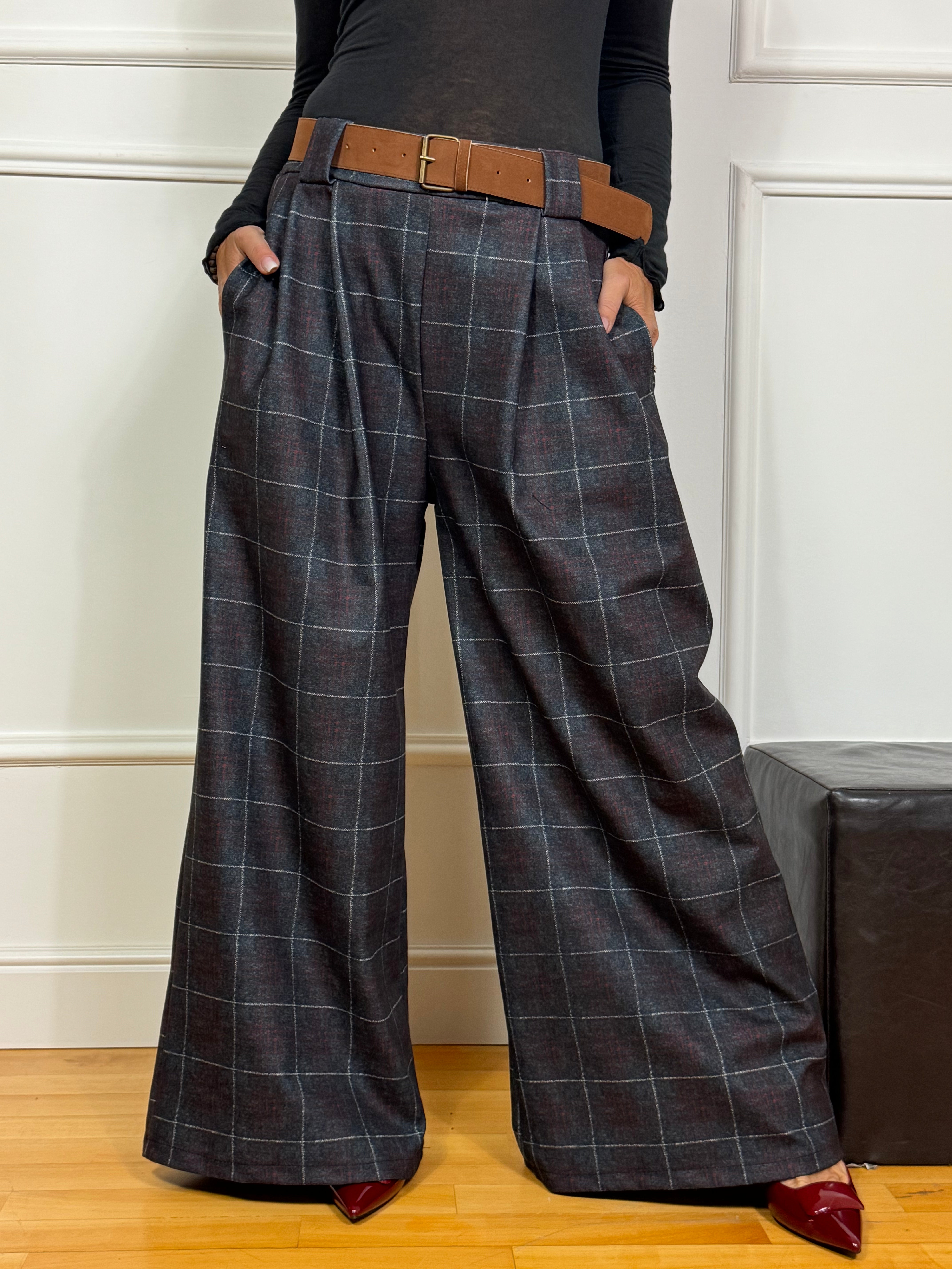 Pantalone in pannetto Victoria ILMH PALAZZO FANTASIA SCOZZESE CON CINTURA