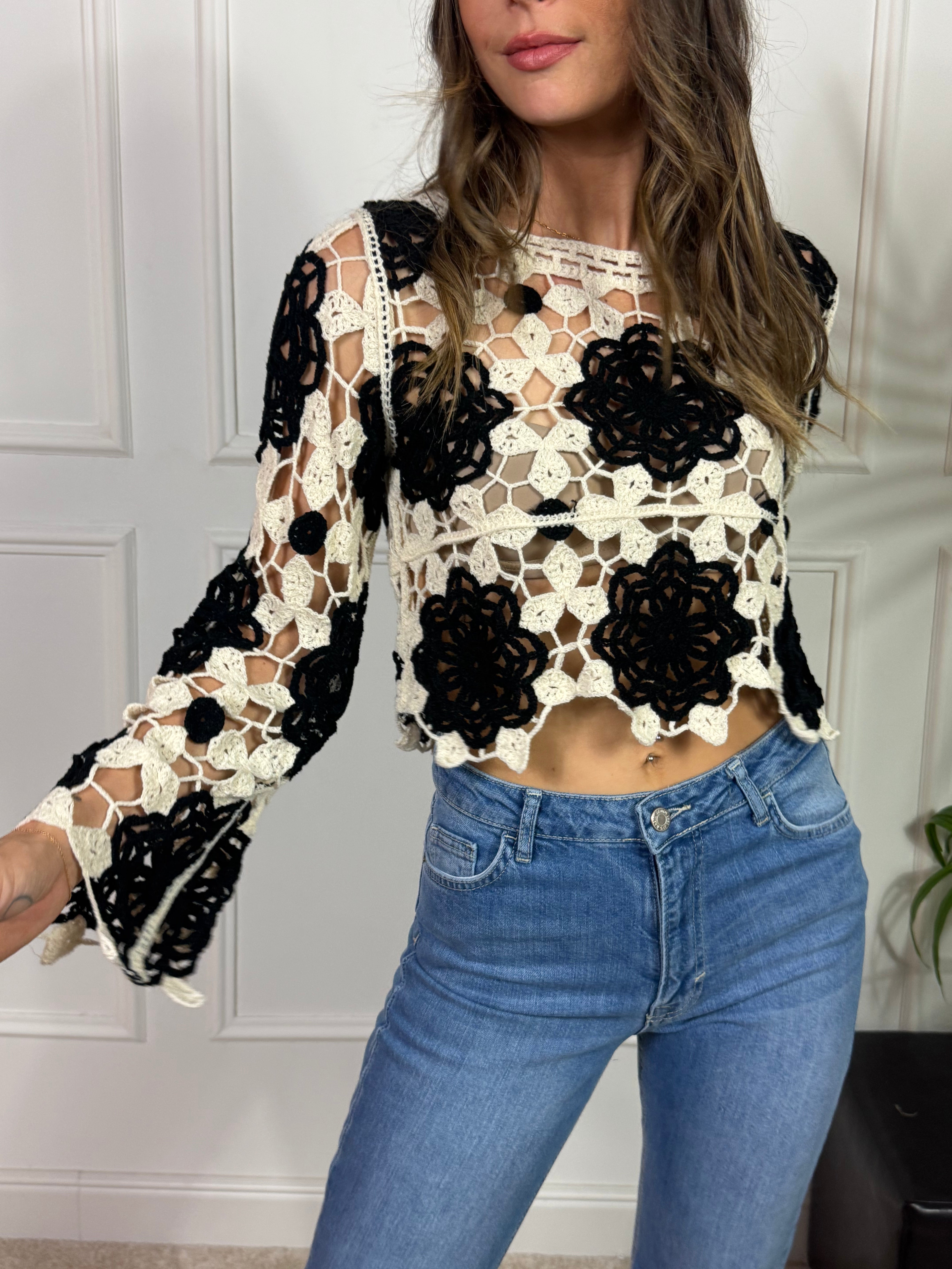 MAGLIA CORTA scatoletta Victoria ILMH CROCHET NERO PANNA