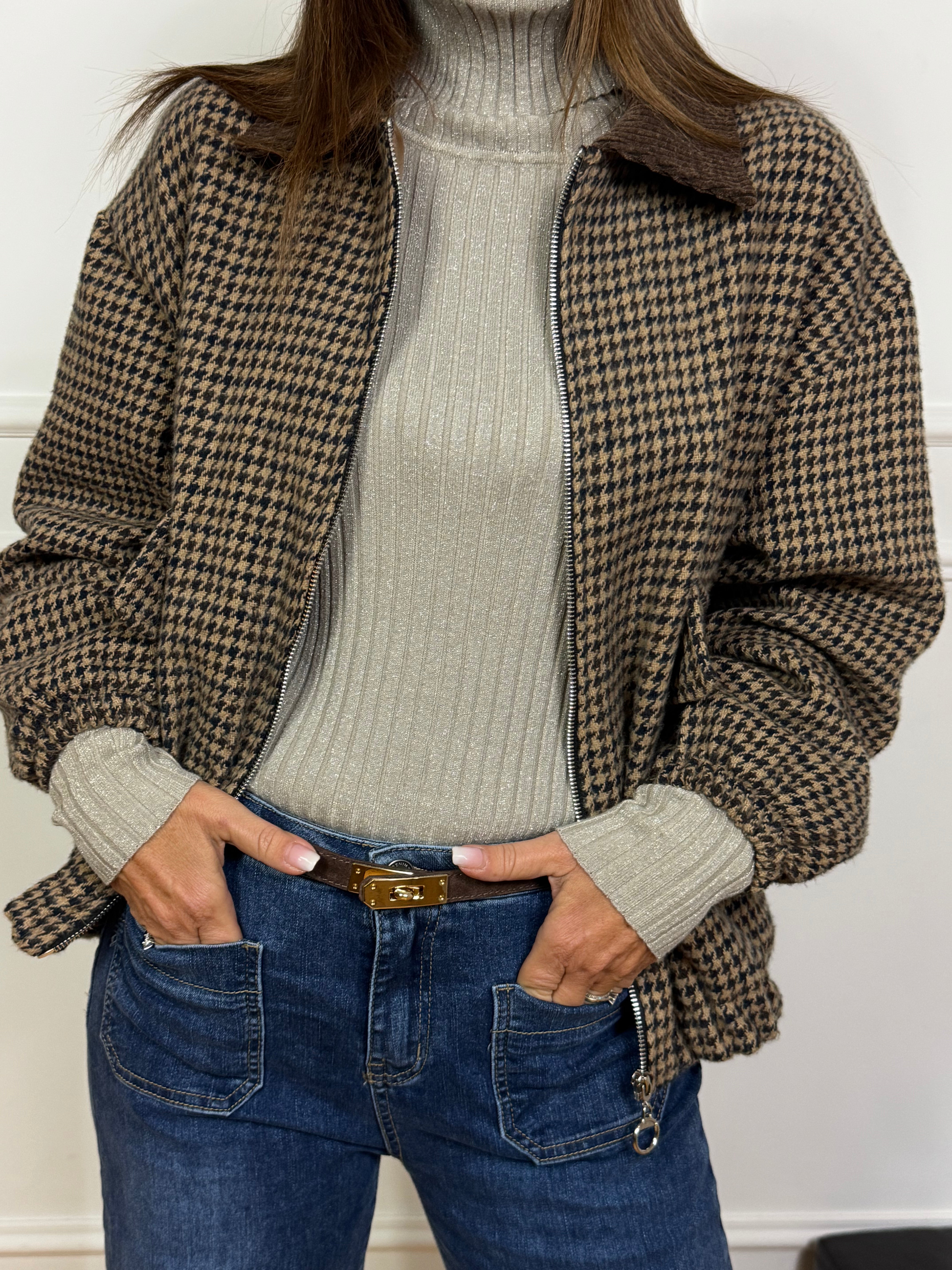 Giacca bomber oversize in pannetto Victoria ILMH fantasia pied-de-poule e colletto in velluto