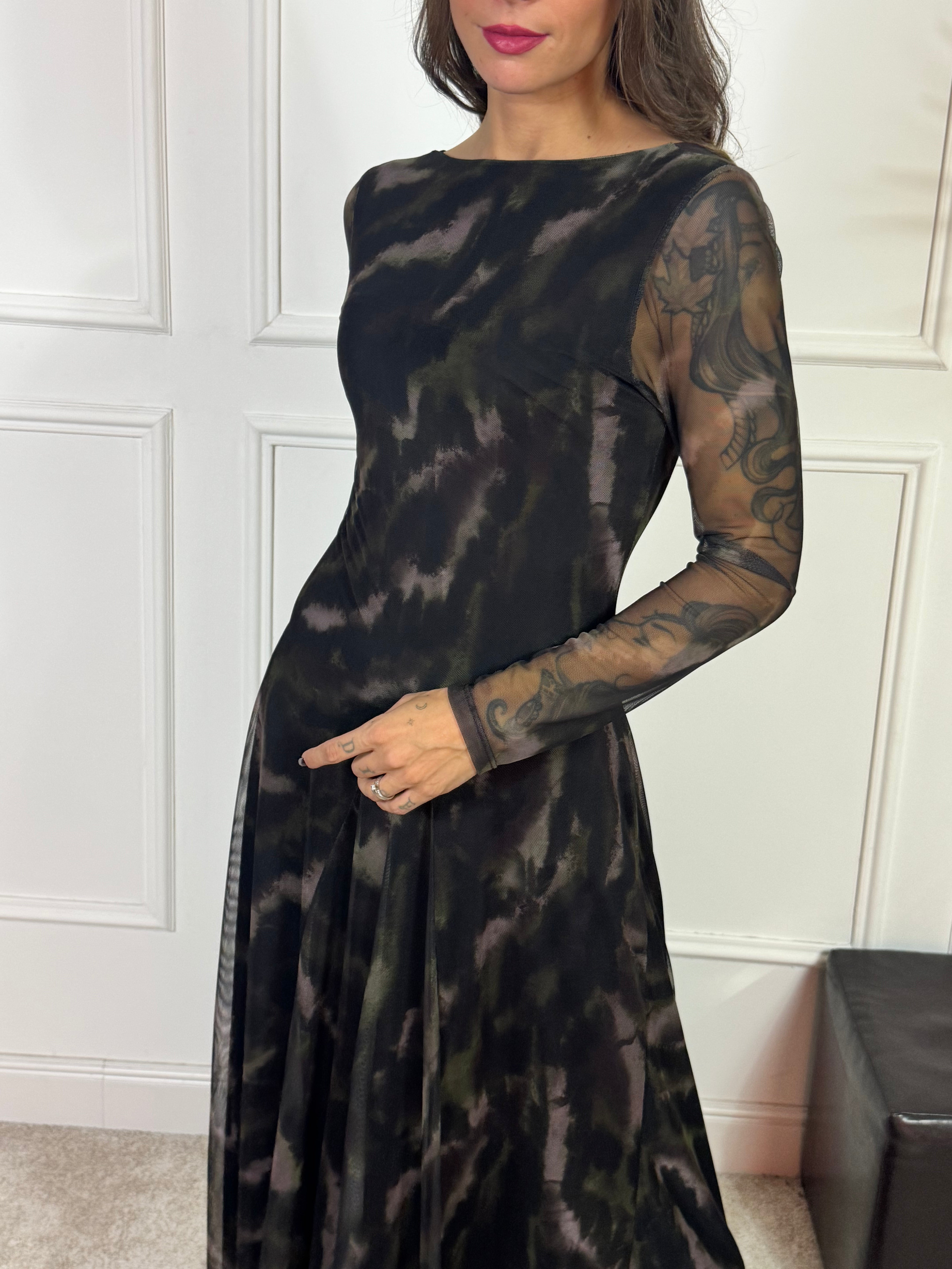 Abito LUNGO TULLE scollo schiena Susy Mix VERDE-MORO