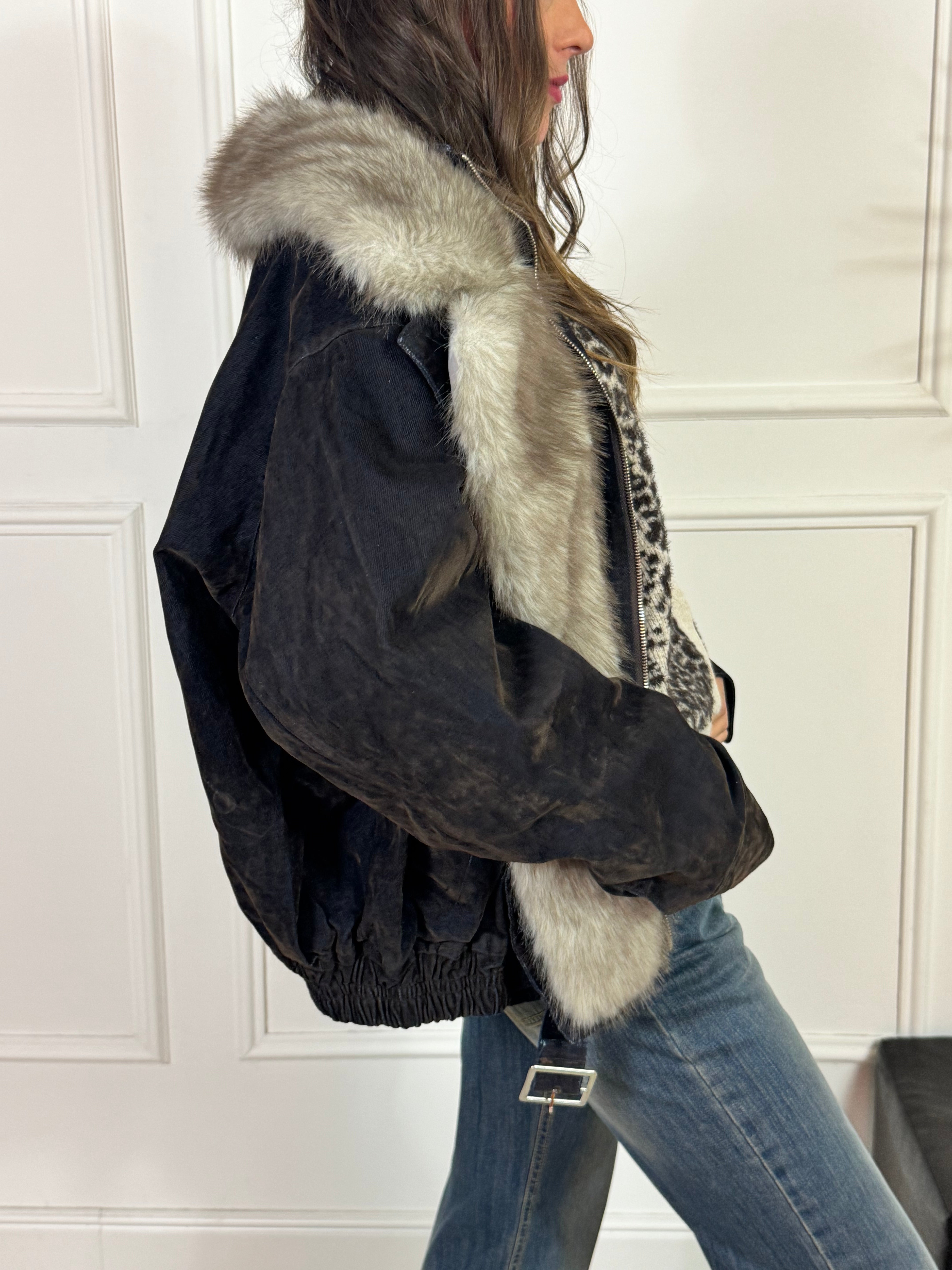 Giacca bomber sovrattinta Susy Mix con inserti ecopelliccia