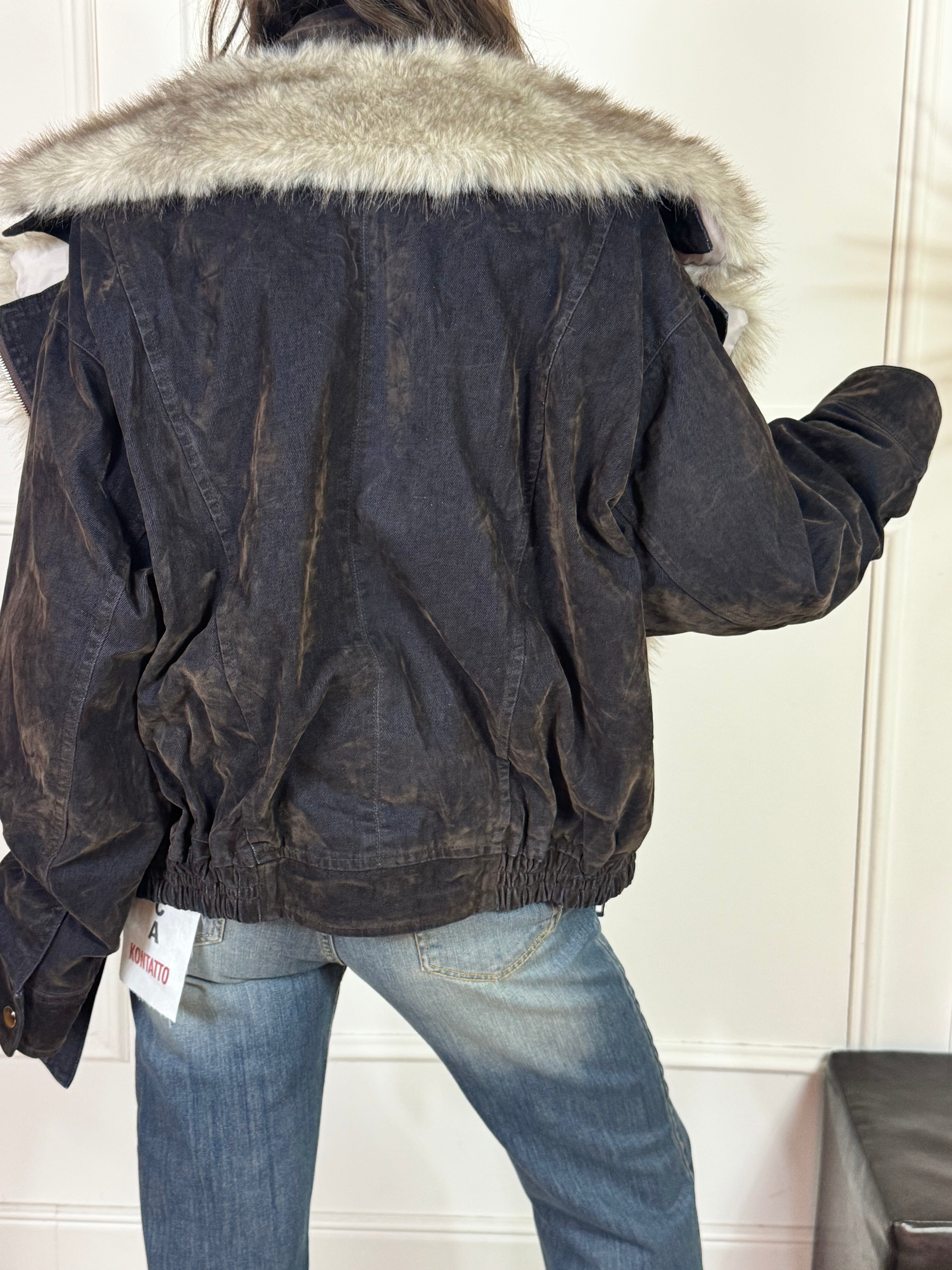 Giacca bomber sovrattinta Susy Mix con inserti ecopelliccia